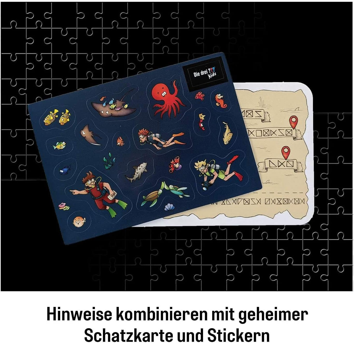 Die Drei??? Děti - Krimi puzzle - Pozor, mořská příšera Od KOSMOS 680664, 150 dílků, Záře ve tmě, Čtení, hlavolamy, luštění hlavolamů, detektivní hlavolamy pro děti od 7 let Puzzle Naty Shop