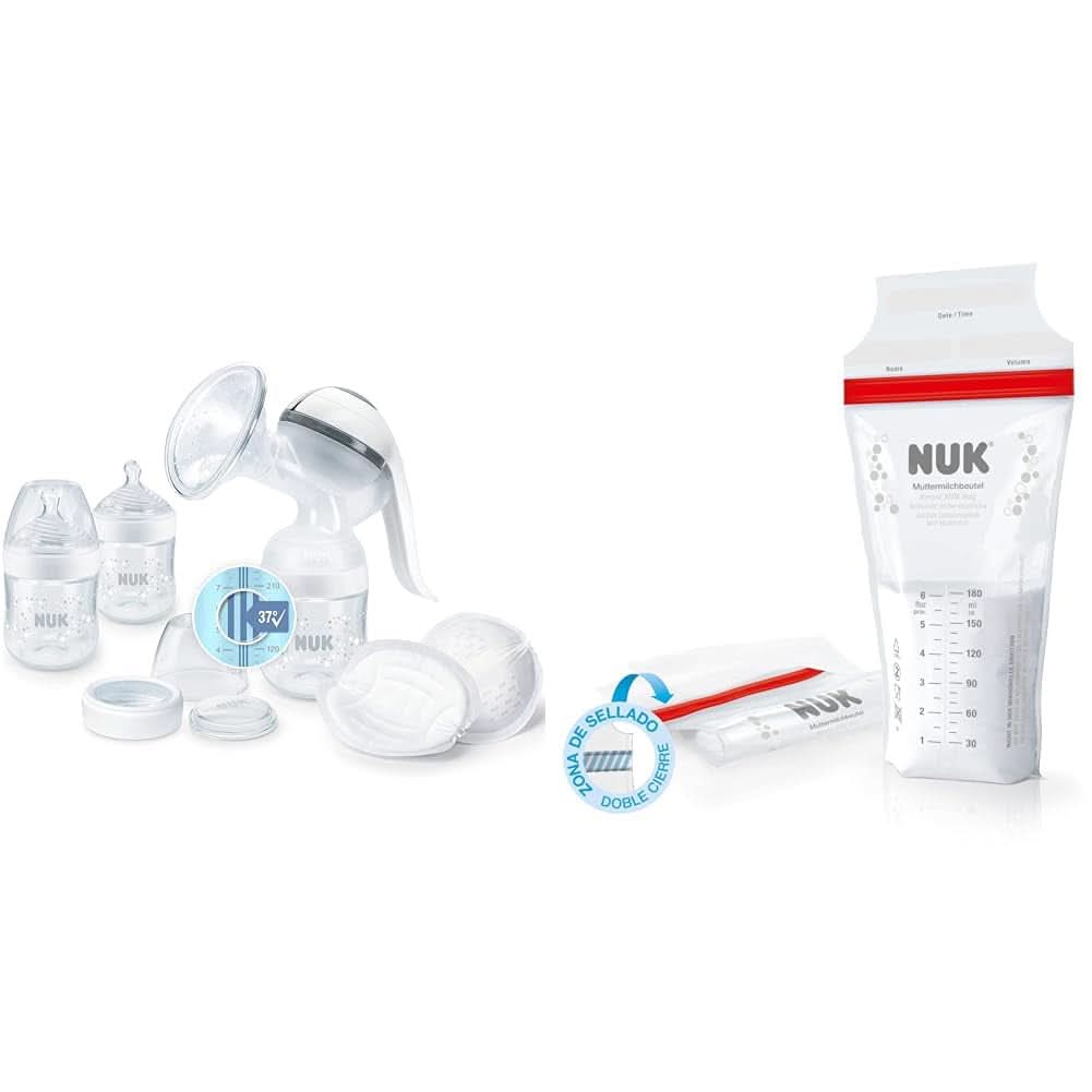 NUK Nature Sense Manuální odsávačka mateřského mléka | Kojící set s manuální odsávačkou mateřského mléka, lahvičkami a podložkami Ultra Dry Comfort | 6 kusů Příslušenství pro potraviny a kojení Bebe Naty Shop Balíček se sáčkem na mateřské mléko S regulací teploty