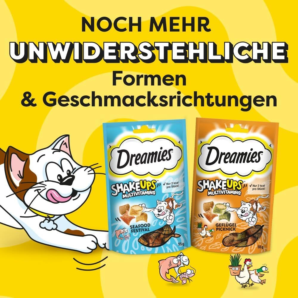 DREAMIES SHAKE UPS Multivitamin Seafood Festival kočičí pamlsky v porcovaných sáčcích – 55 g (6 sáčků)