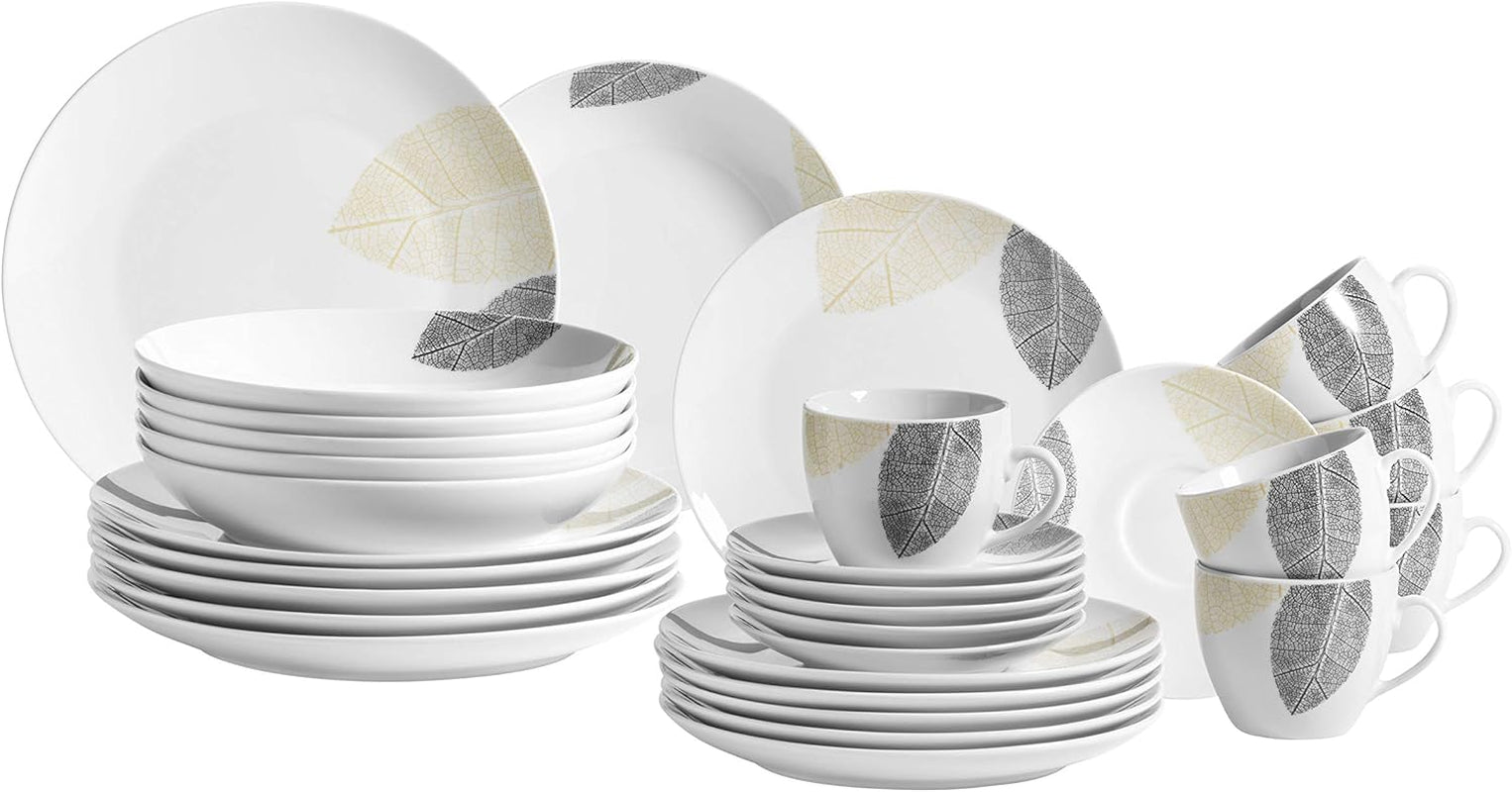 MÄSER 931215 Krásně zdobená sada nádobí pro 6, kombinovaná obsluha 30 kusů, s bezrámovými tvary, porcelán, bílá