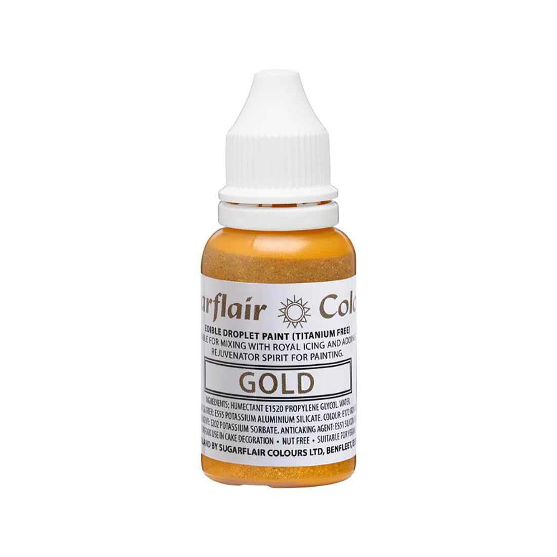Sugarflair Edible Drop Paint Liquid Gold - Potravinářské barvivo pro cukrovou pastu, máslový krém - Lze použít s airbrushem - 14 ml