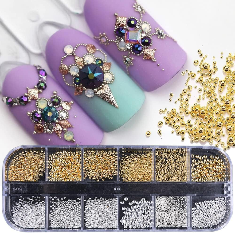 GZMAYUEN Nail Art Perlen Micro Caviar Für Nägel, 0,3-3 mm Goldene Silber Mini Caviar Strasssteine, Weiß Béžový Mini Nägel Perlen Mikroperlen Dekor Für Nägel