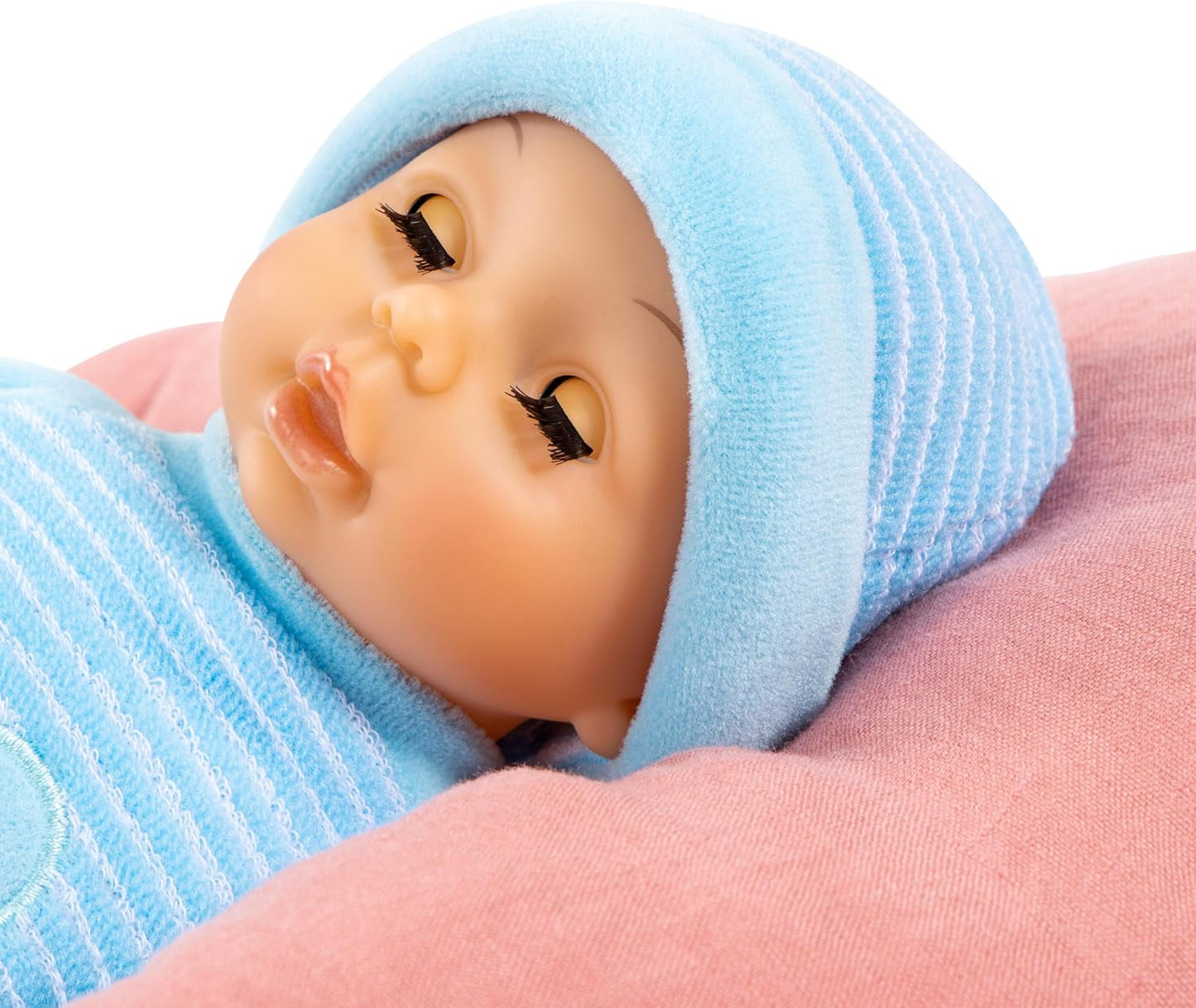 Bayer Design 92802AU Moje první miminko 28 cm, panenka, panenka s měkkým tělem a spícíma očima, velmi šikovná, roztomilý outfit, modrá se srdcem
