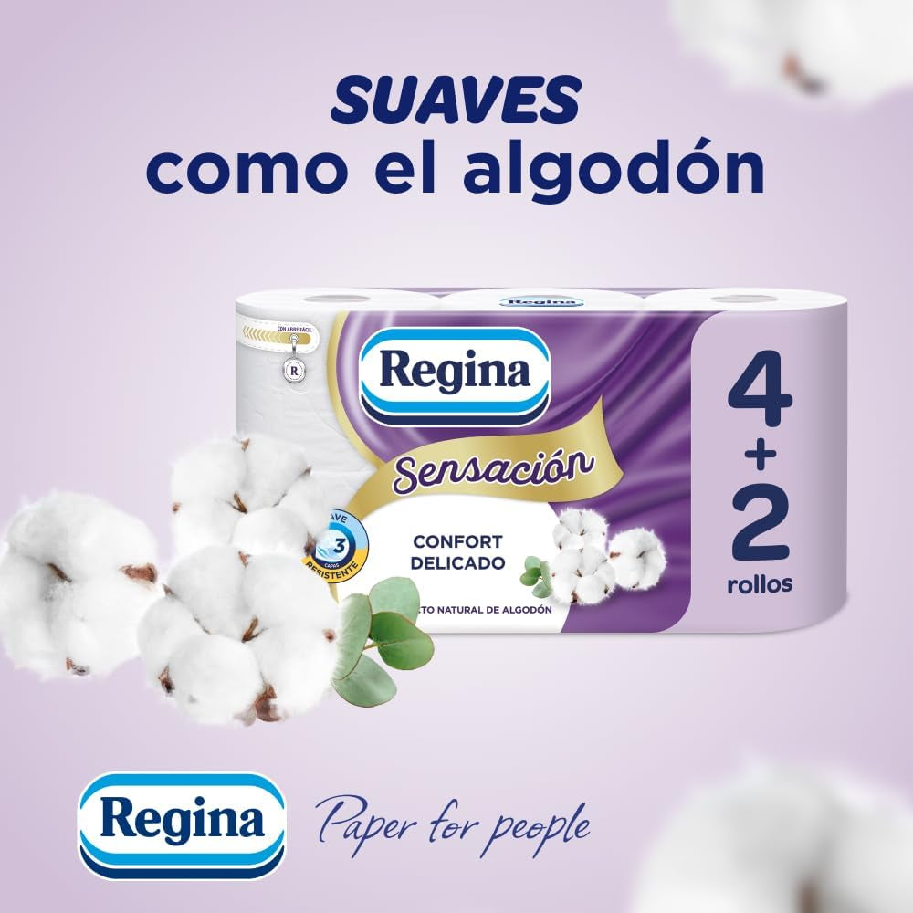 Regina Feeling – 42 rolí toaletního papíru, 175 listů se třemi vrstvami, přírodní extrakt z bavlny a jemná vůně, 60 % recyklovaný plastový obal, 100 % certifikovaný papír Fsc