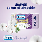 Regina Feeling – 42 rolí toaletního papíru, 175 listů se třemi vrstvami, přírodní extrakt z bavlny a jemná vůně, 60 % recyklovaný plastový obal, 100 % certifikovaný papír Fsc