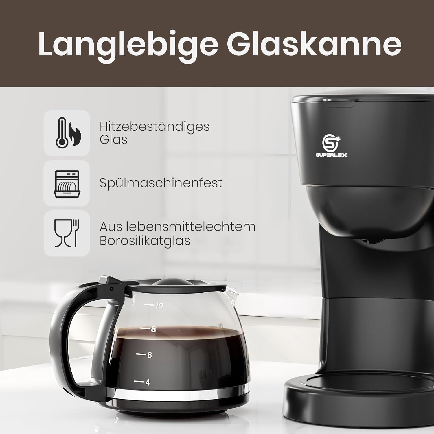 Filtrační kávovar 1,25 l na 10 šálků filtrované kávy, skleněná karafa vhodná do myčky, termoska, systém proti odkapávání, automatické vypínání, 600 W, ochrana proti varu bez vody pro domácnost a kancelář