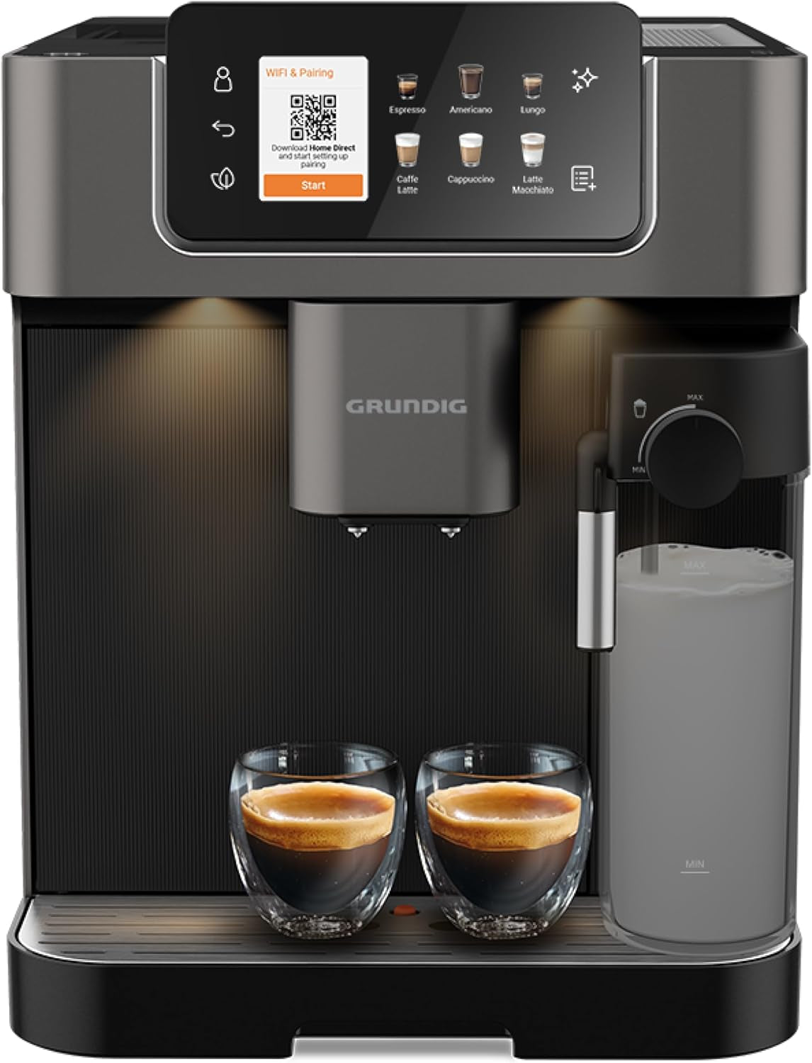 Plně automatický espresso kávovar GRUNDIG KVA 6230 s napěňovačem mléka, nerezový mlýnek s 13 nastaveními mletí, nádoba na kávová zrna 250 g, vyjímatelná nádrž na vodu 2 litry, tlak čerpadla 19 bar, dotykový displej, černá