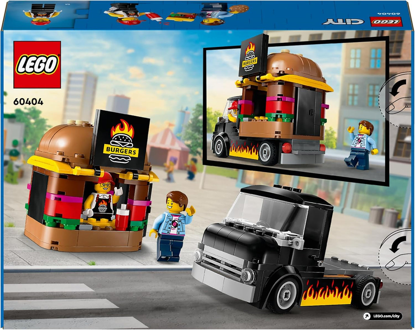 Stavebnice LEGO City Burger Truck s autíčkem pro děti od 5 let, minifigurkou potravinového vozíku a příslušenstvím, zábavným dárkem pro chlapce a dívky 60404 Stavebnice Besuche den LEGO-Store