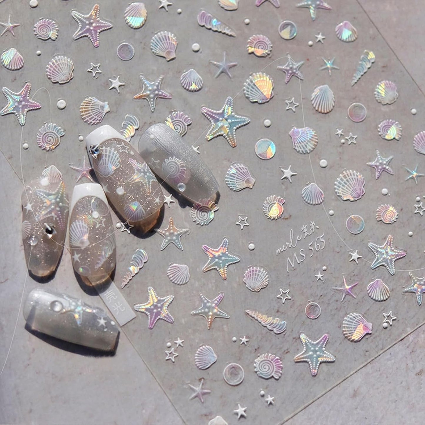 JMEOWIO 3D Nálepka na nehty Aurora Muschel Seestern Nálepka na nehty Selbtklebend Nagelaufkleber 5D Stereoskopické Ozean Téma Dekorace Nageldesign Zubehör 1 Blatt