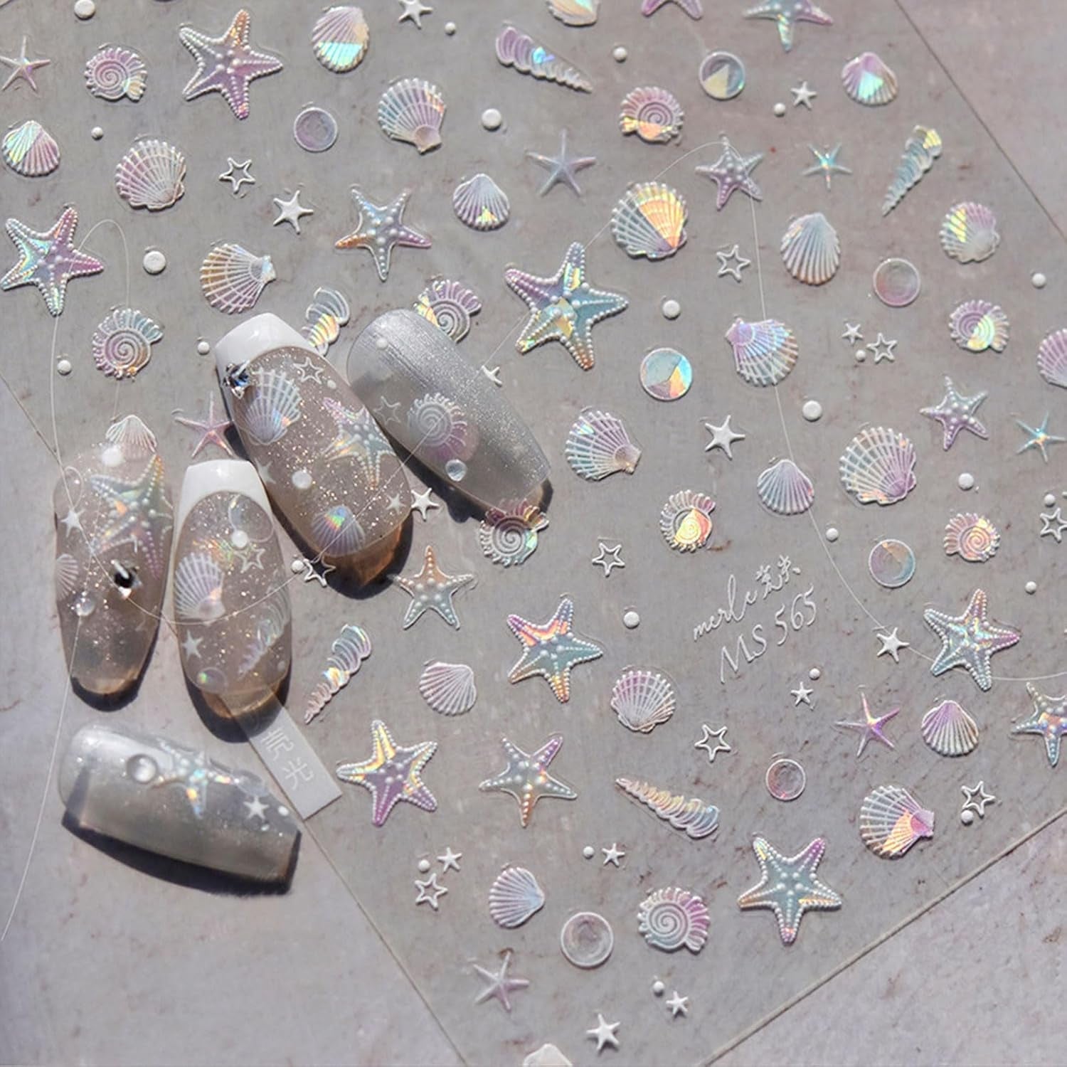 JMEOWIO 3D Nálepka na nehty Aurora Muschel Seestern Nálepka na nehty Selbtklebend Nagelaufkleber 5D Stereoskopické Ozean Téma Dekorace Nageldesign Zubehör 1 Blatt