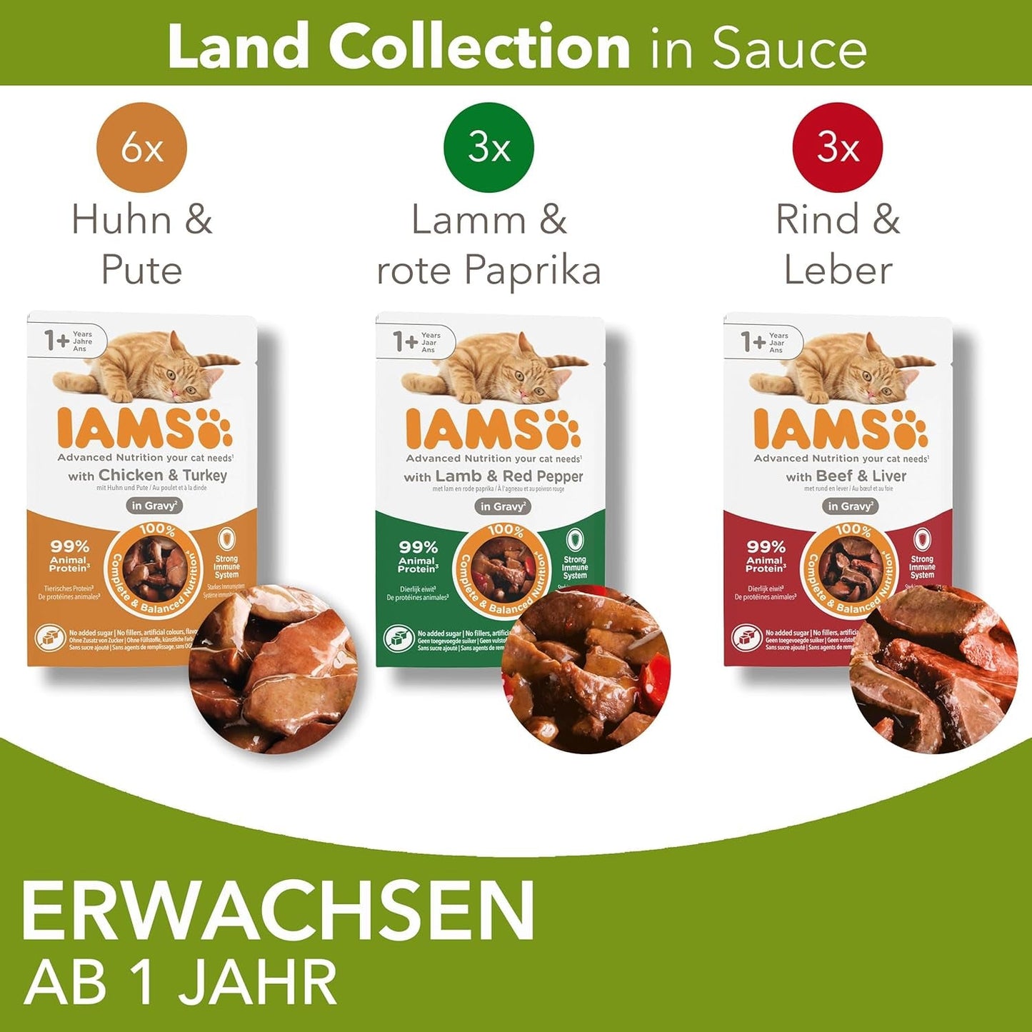 IAMS Delights Land Collection Mokré krmivo pro kočky - Multibalení s různými druhy masa (jehněčí, hovězí, kuřecí a krůtí) v omáčce, vlhké krmivo pro kočky od 1 roku, 12 x 85g