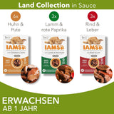 IAMS Delights Land Collection Mokré krmivo pro kočky - Multibalení s různými druhy masa (jehněčí, hovězí, kuřecí a krůtí) v omáčce, vlhké krmivo pro kočky od 1 roku, 12 x 85g