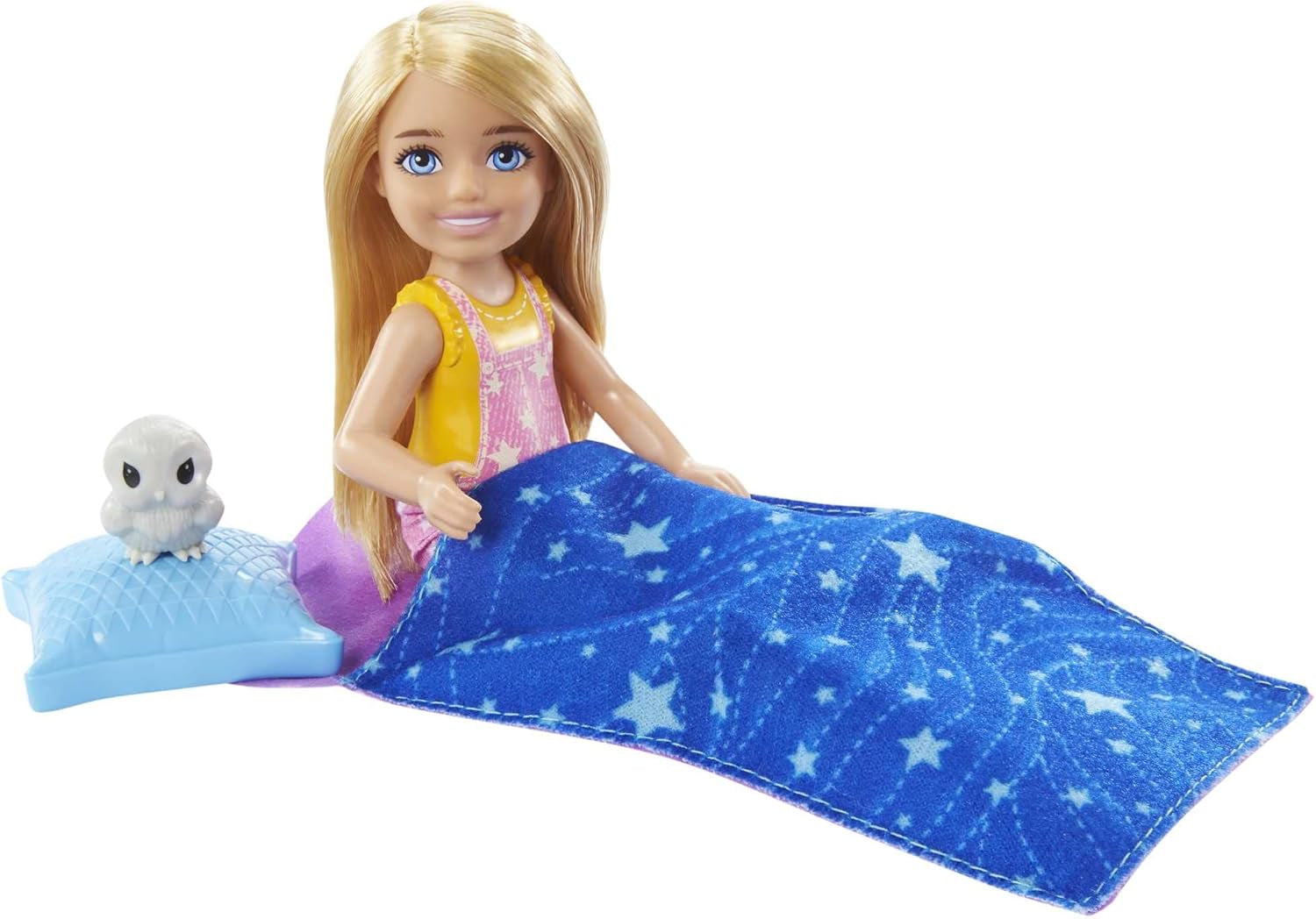 Série Barbie Chelsea, Kempování panenky Chelsea s blond vlasy, Sova, Spací pytel, Polštář, Baterka, Dalekohled, Doplňky pro kempování, Dárek pro děti, Hračka od 3 let, HDF77