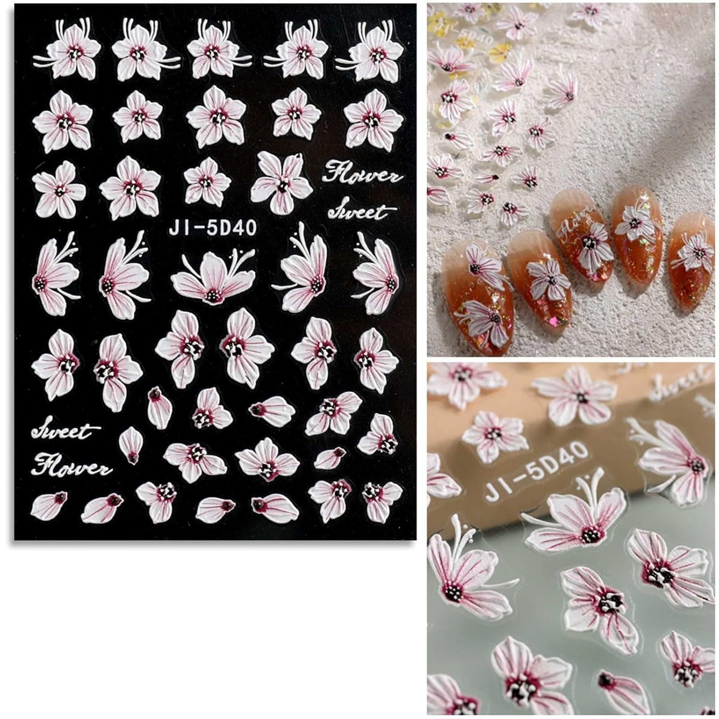 JMEOWIO 3D Nálepka na nehty Frühling Blume Nálepka na nehty Selbstklebend Nagelaufkleber 5D Stereoskopisch Buntes Letní Blumen Dekorace Nageldesign Zubehör 4 Blatt