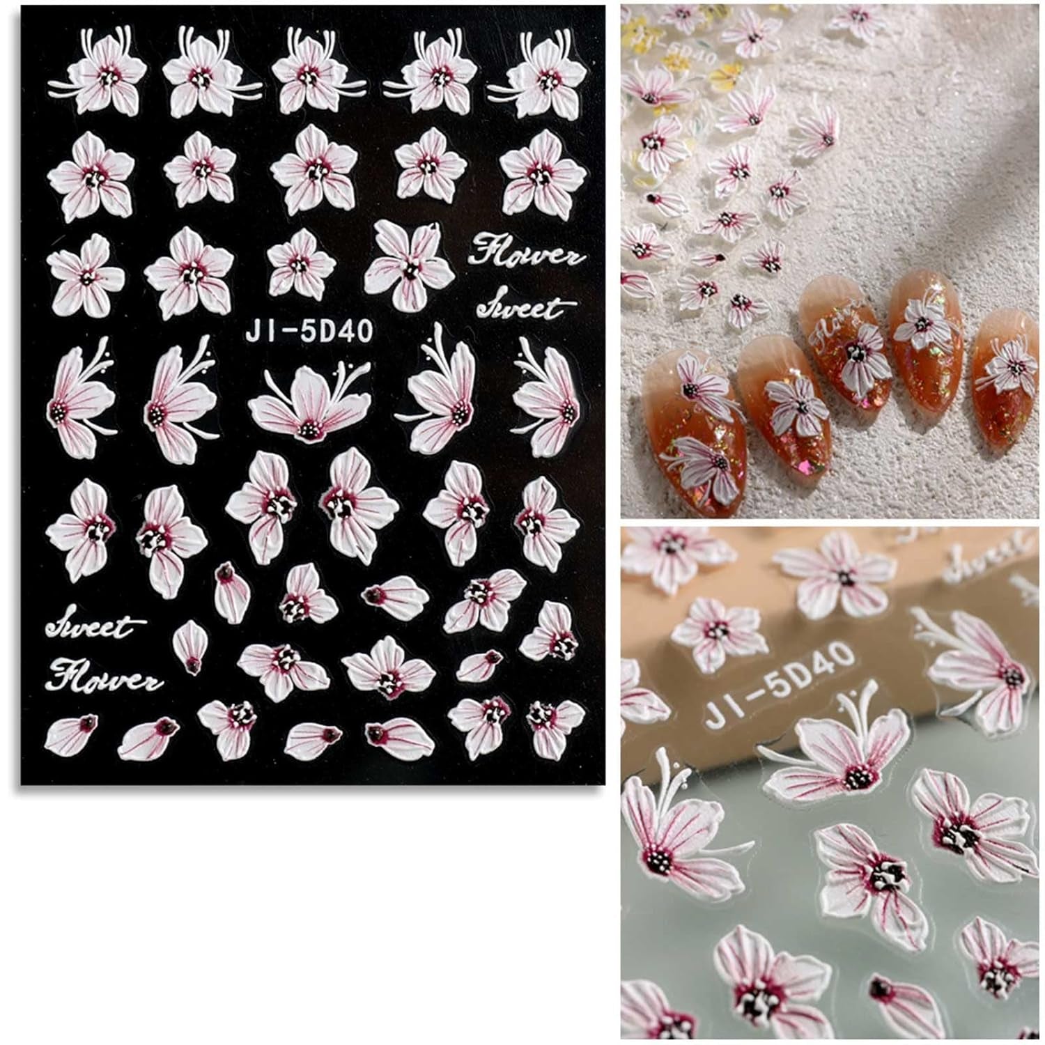 JMEOWIO 3D Nálepka na nehty Frühling Blume Nálepka na nehty Selbstklebend Nagelaufkleber 5D Stereoskopisch Buntes Letní Blumen Dekorace Nageldesign Zubehör 4 Blatt