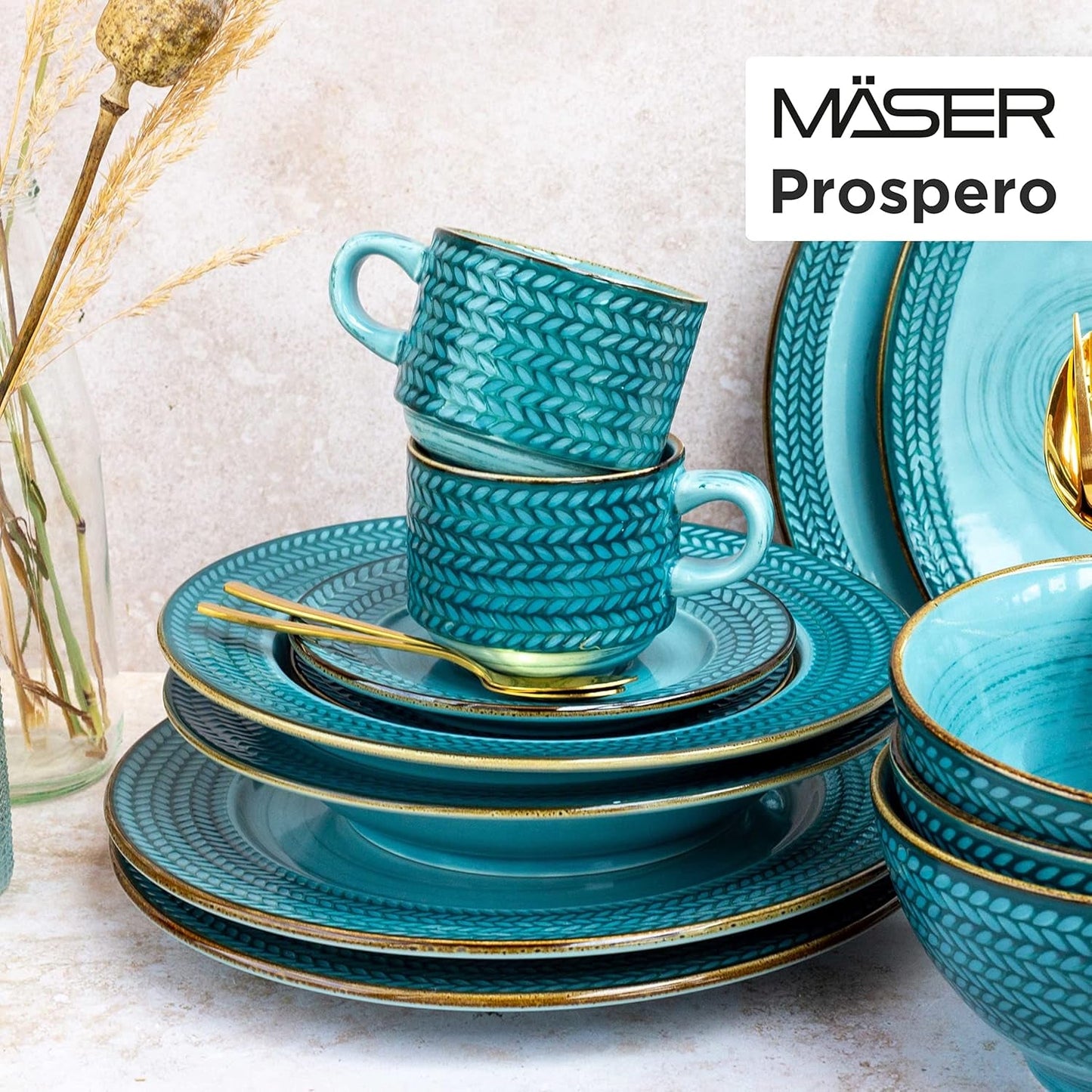 Kávový set Prospero Premium pro 4 osoby, kvalita restaurace, 12dílný moderní kávový servis v jedinečném stylu vintage, odolný porcelán, modrá