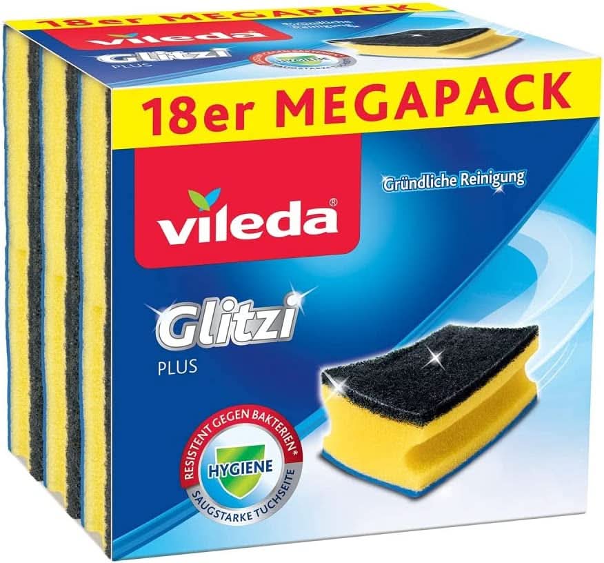 Vileda Glitzi, mycí houba do kuchyně, s antibakteriálním účinkem, vysoce savá, balení 18 ks Naty Shop Kitchen Detergents