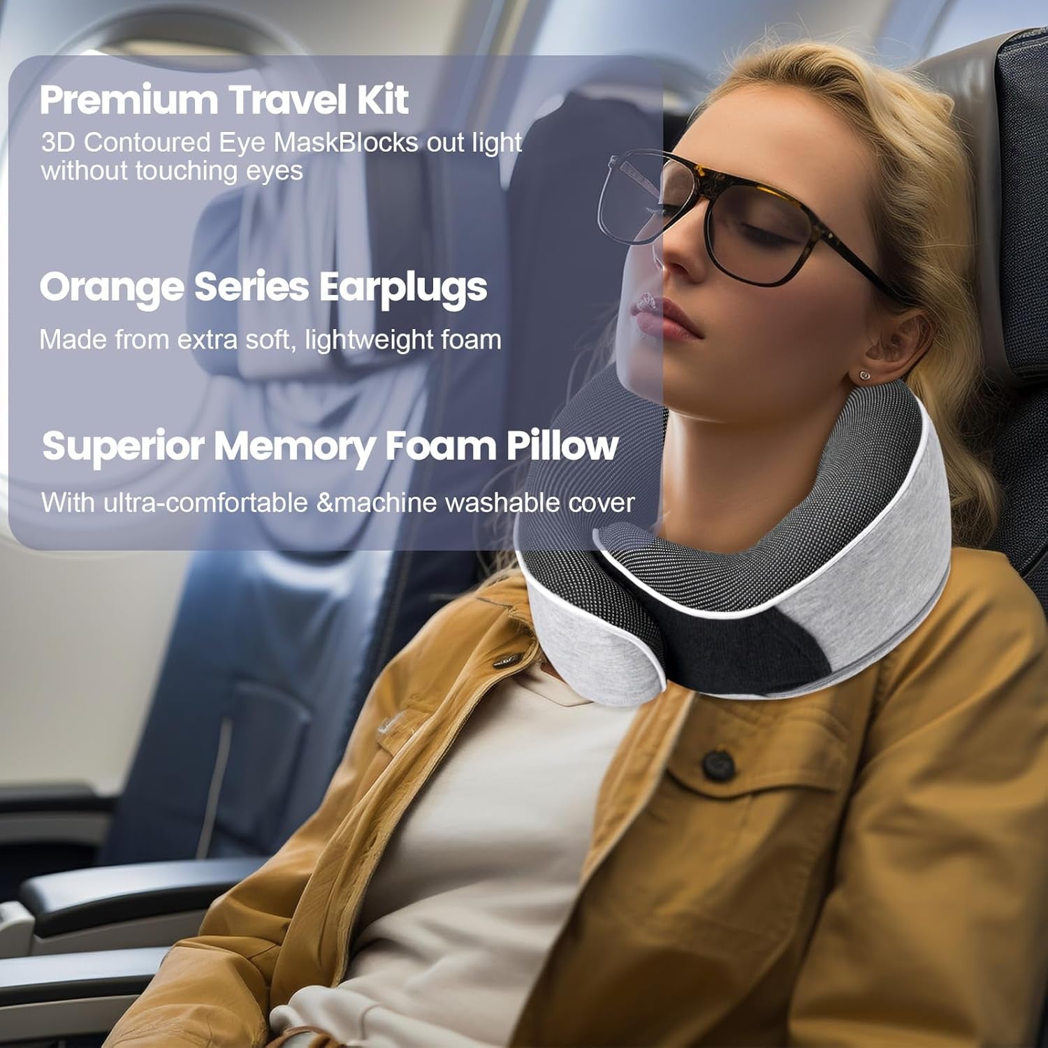Polštář na krk Cestovní polštář z paměťové pěny Ergonomický design Polštář na krk z paměťové pěny s maskou na oči 2 špunty do uší a úložný vak Perfektní pro spaní na cestách při cestování Naty Shop Ortopedické polštáře na krk