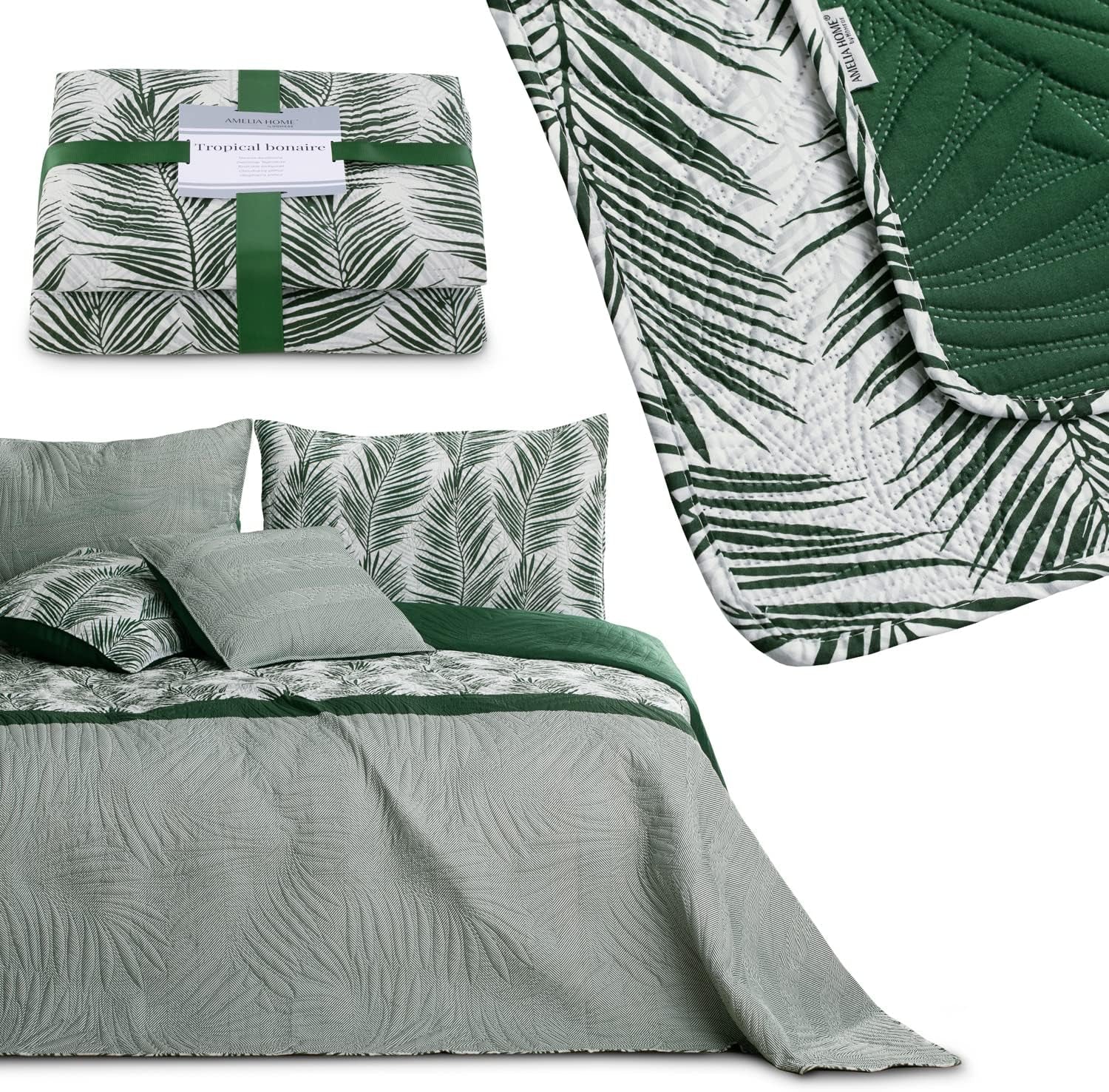 Ameliahome Přehoz na postel Přehoz na postel 170X210 Cm Oboustranný Přehoz na postel se snadnou údržbou Vzor rostlin Zelená Bílá Tropické Postele Bonaire a přikrývky Besuche den AmeliaHome-Store