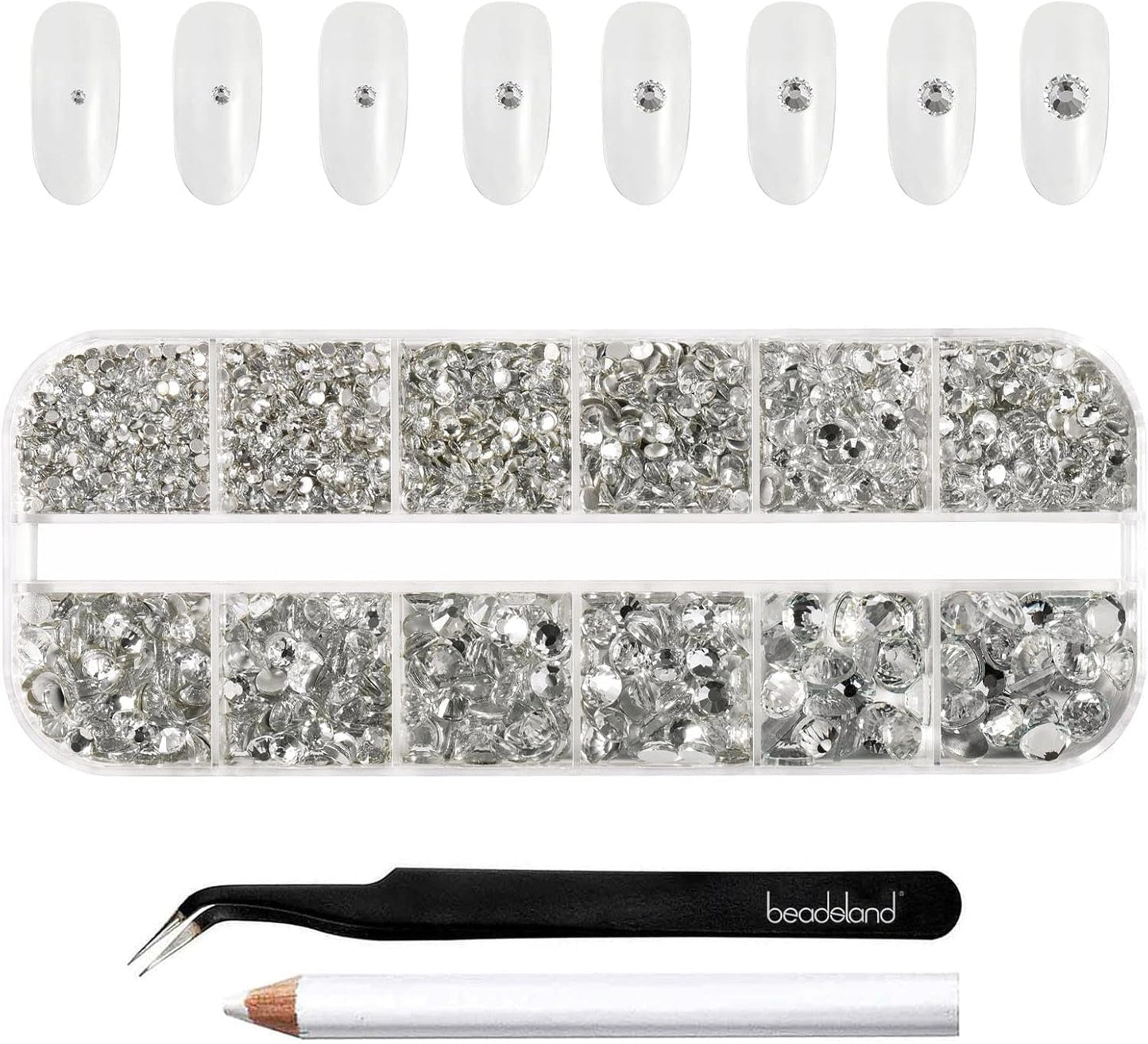 Beadsland 2500 ks Glas Nailart Strasssteine ​​​​Kristall Flatback Edelsteine ​​Runde, ​​Für Handwerk Gemischt 8 Größen SS4 ~ SS30 Mit Picking Pinzette Und Stift (Kristall Weiss)