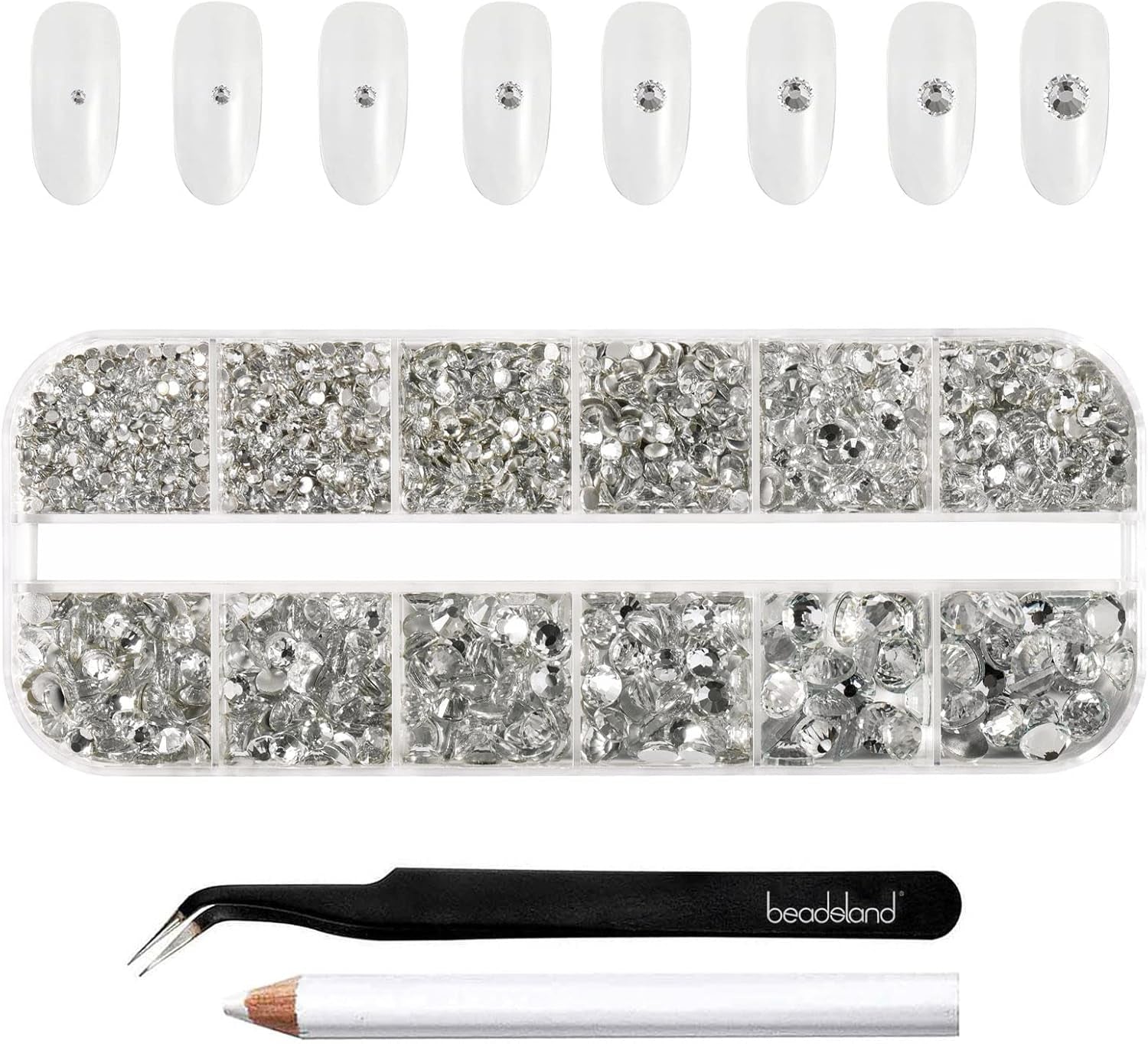 Beadsland 2500 ks Glas Nailart Strasssteine ​​​​Kristall Flatback Edelsteine ​​Runde, ​​Für Handwerk Gemischt 8 Größen SS4 ~ SS30 Mit Picking Pinzette Und Stift (Kristall Weiss)