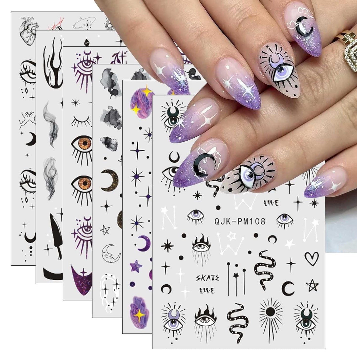 Jmeowio Nagelsticker Mond Stern Sonne 9 Blatt Nail Art Sticker Selbtklebend Nagelaufkleber Bunte Dekoration Nageldesign Zubehör