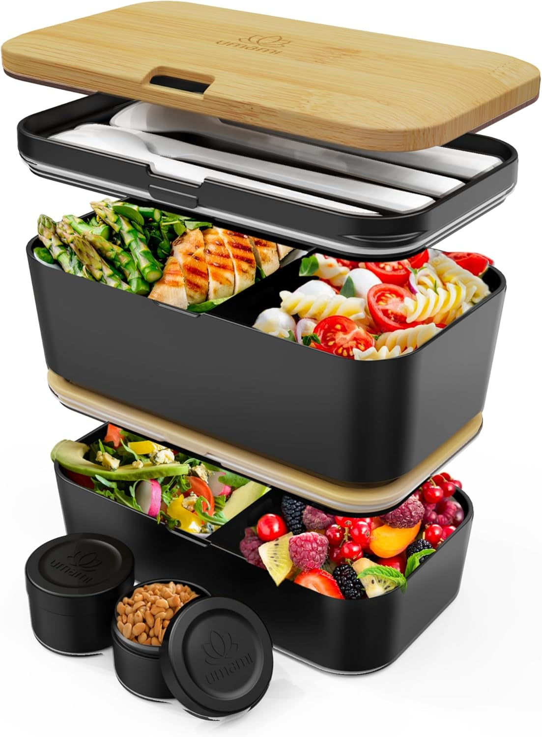 Umami Lunch Box pro dospělé, Netěsný stohovatelný Bento Box se 4 příbory a přihrádkami, Box na oběd pro dospělé, To-Go Zásobník na salát, Piknik / Kancelář Lunch Box, Charcoal Grey, 1500 ml