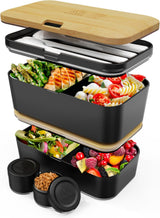 Umami Lunch Box pro dospělé, Netěsný stohovatelný Bento Box se 4 příbory a přihrádkami, Box na oběd pro dospělé, To-Go Zásobník na salát, Piknik / Kancelář Lunch Box, Charcoal Grey, 1500 ml