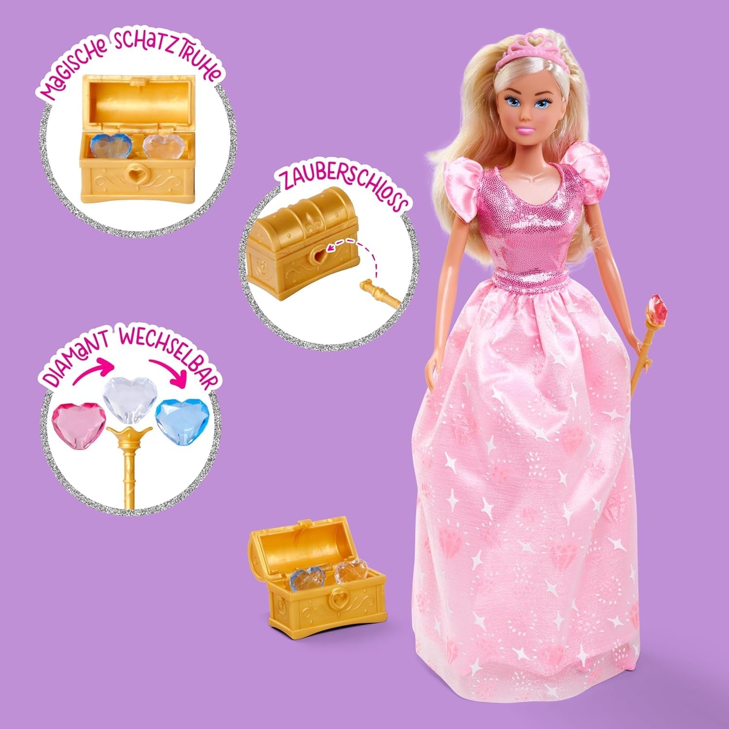 Hrací panenka Simba Steffi Love Princess Diamond Princess s kouzelnou truhlou s pokladem, žezlem a diamanty, 29 cm, 3 roky a více