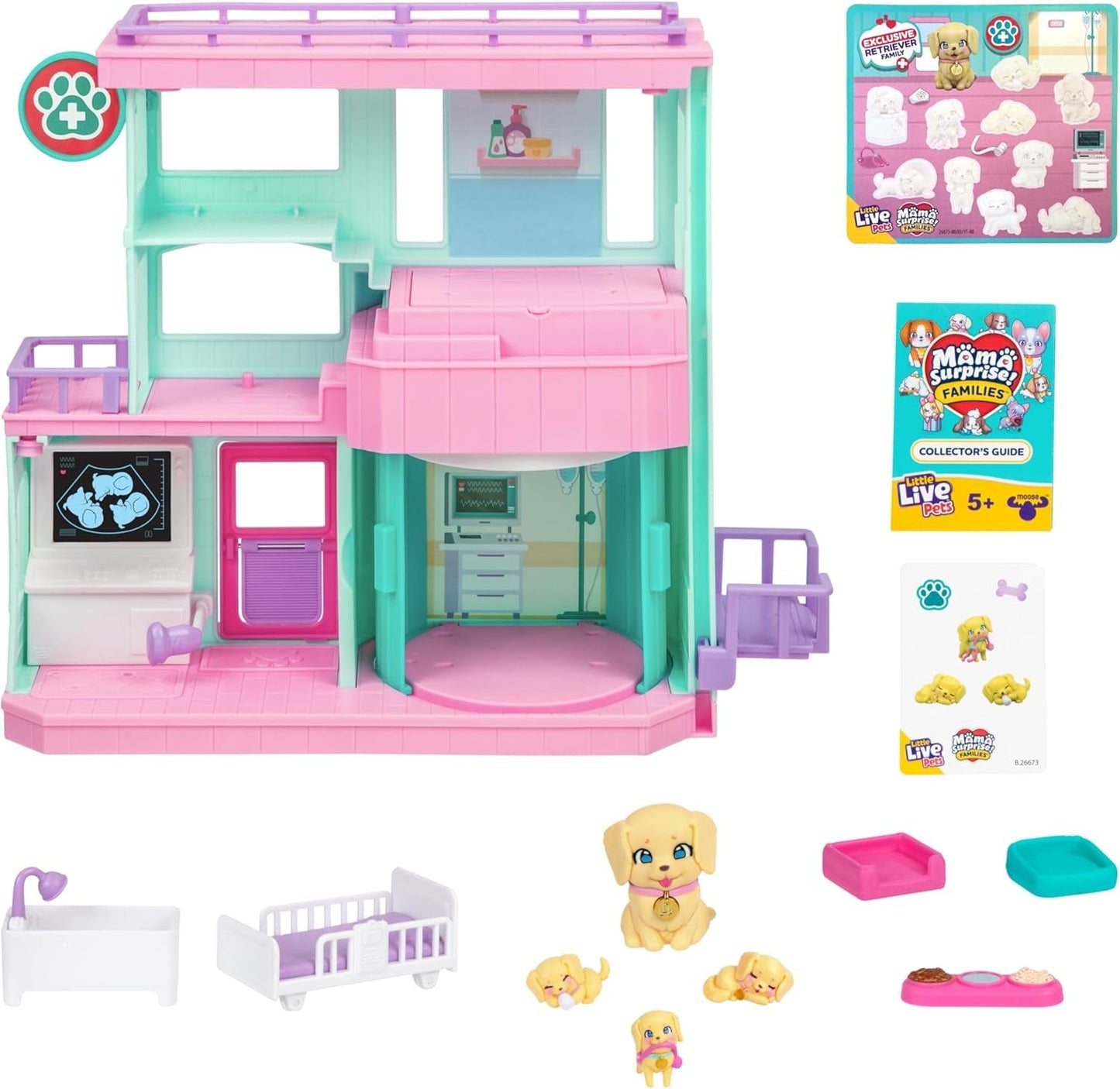 Hrací sada Little Live Pets Mama Surprise Families Baby Clinic, včetně 3 štěňat retrívrů, Magic, oboustranná herní sada (27,8 cm W, 23,8 cm V). Krmení, koupání a hraní, dárek pro děti Akční figurky Naty Shop
