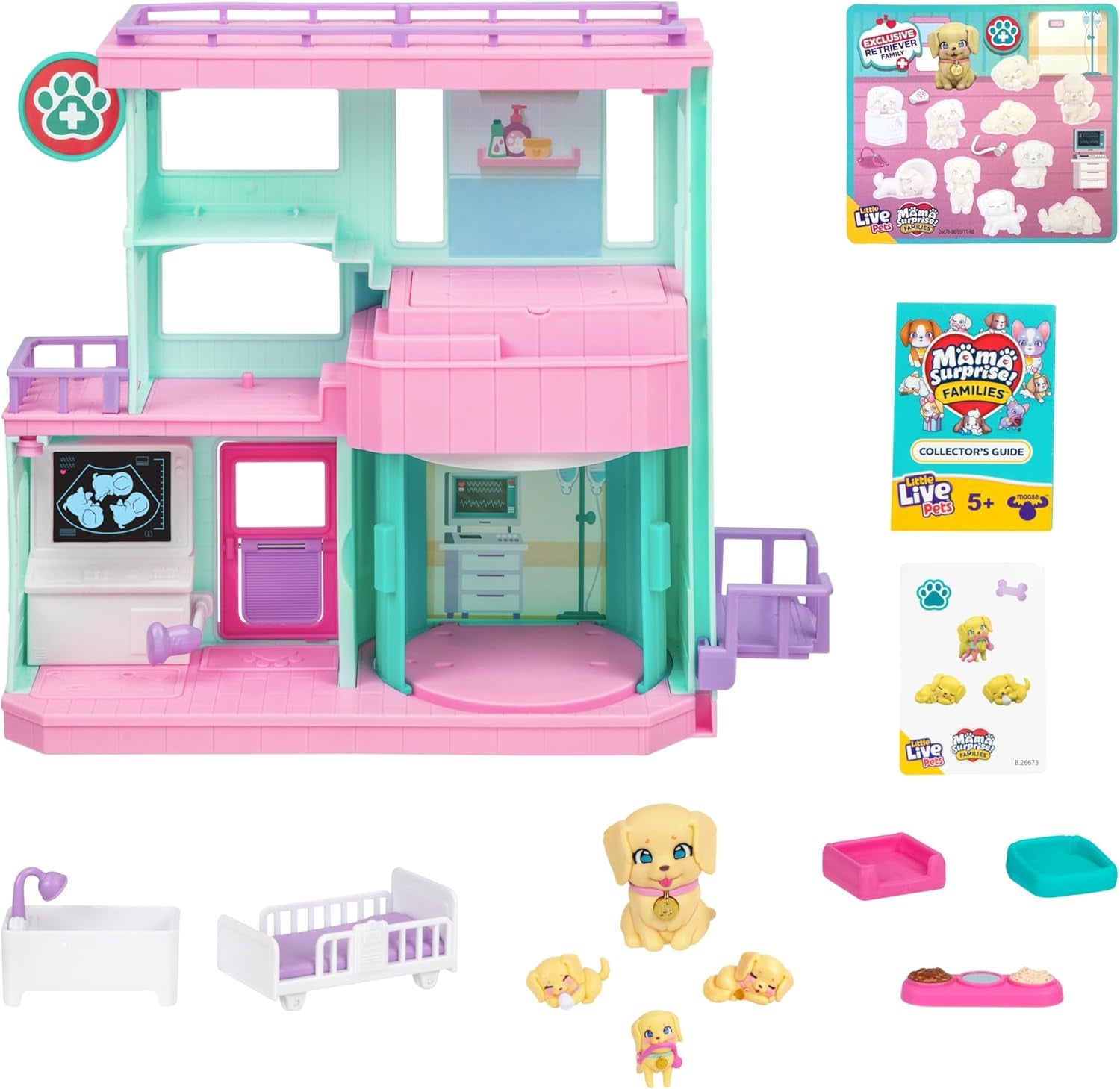 Hrací sada Little Live Pets Mama Surprise Families Baby Clinic, včetně 3 štěňat retrívrů, Magic, oboustranná herní sada (27,8 cm W, 23,8 cm V). Krmení, koupání a hraní, dárek pro děti Akční figurky Naty Shop