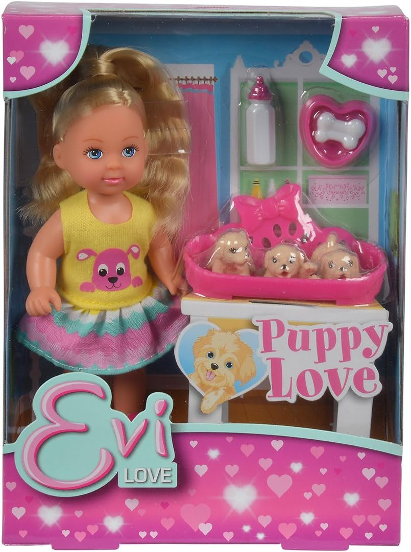 Simba 105733041 - Evi Love Puppy Love se TŘI štěňaty, s boudou pro psa a doplňky, módní panenka, 12 cm, pro děti od 3 let