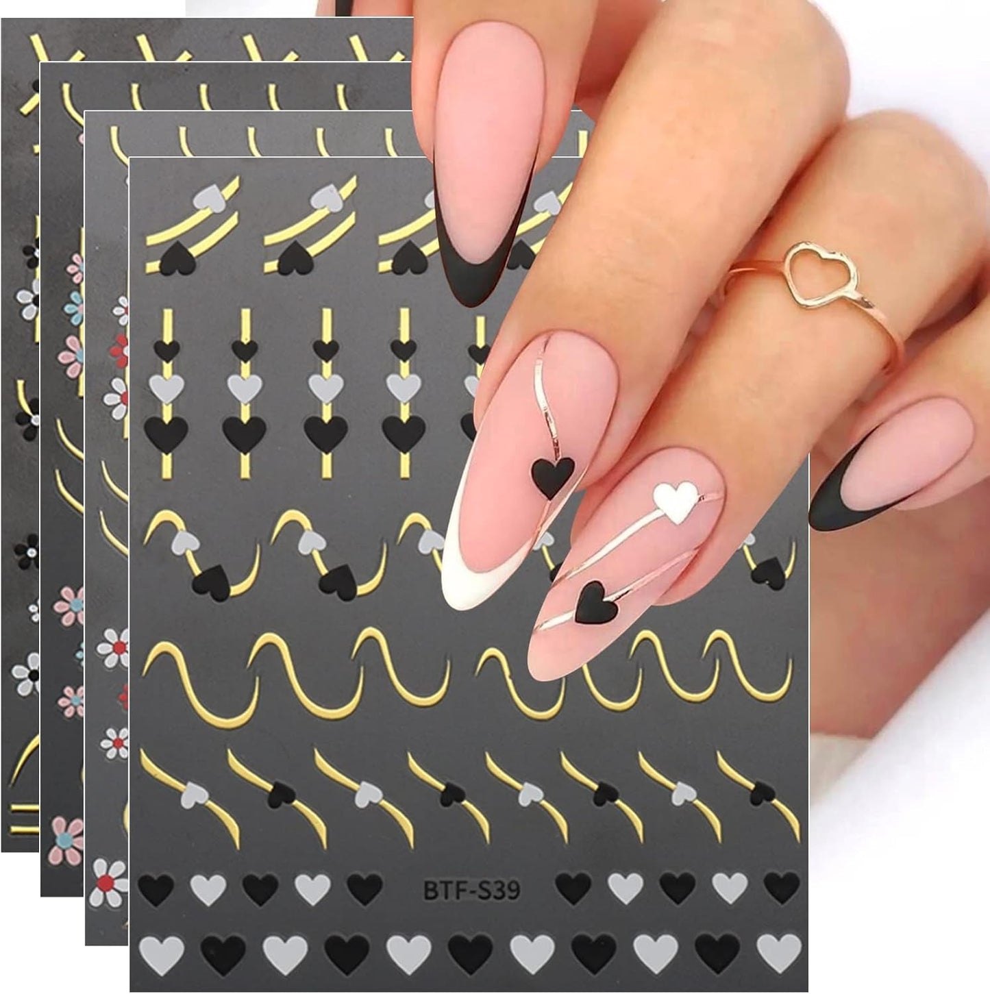 JMEOWIO Nálepka na nehty Herz Linien Blumen 9 Blatt Nálepka na nehty Selbtklebend Nagelaufkleber Bunte Dekoration Nageldesign Zubehör