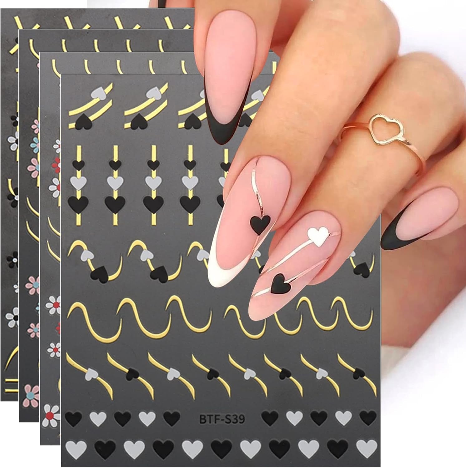 JMEOWIO Nálepka na nehty Herz Linien Blumen 9 Blatt Nálepka na nehty Selbtklebend Nagelaufkleber Bunte Dekoration Nageldesign Zubehör