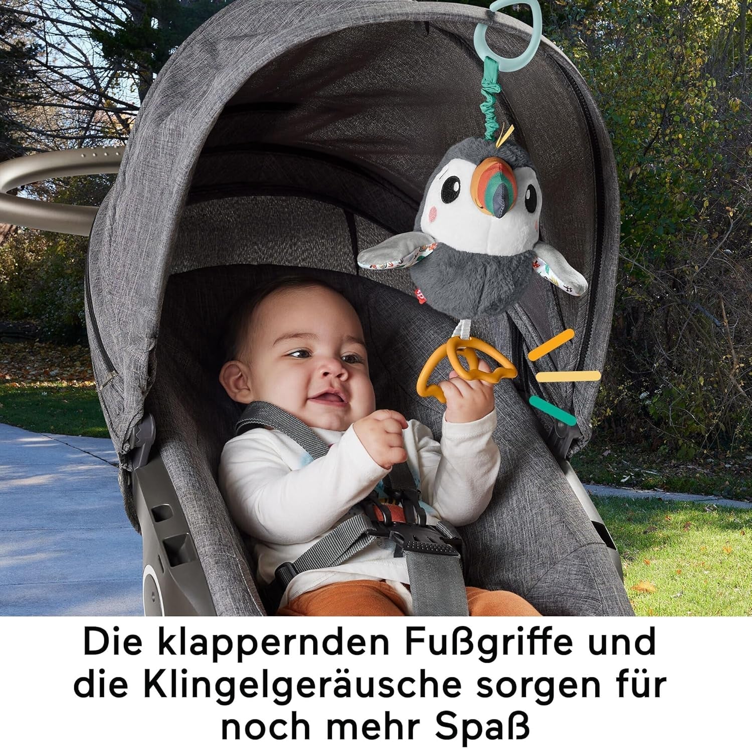 FISHER-PRICE Flap & Go Toucan - Plyšová hračka do kočárku podporuje jemné motorické a smyslové dovednosti u novorozenců od narození HNX66 Baby Toys Naty Shop