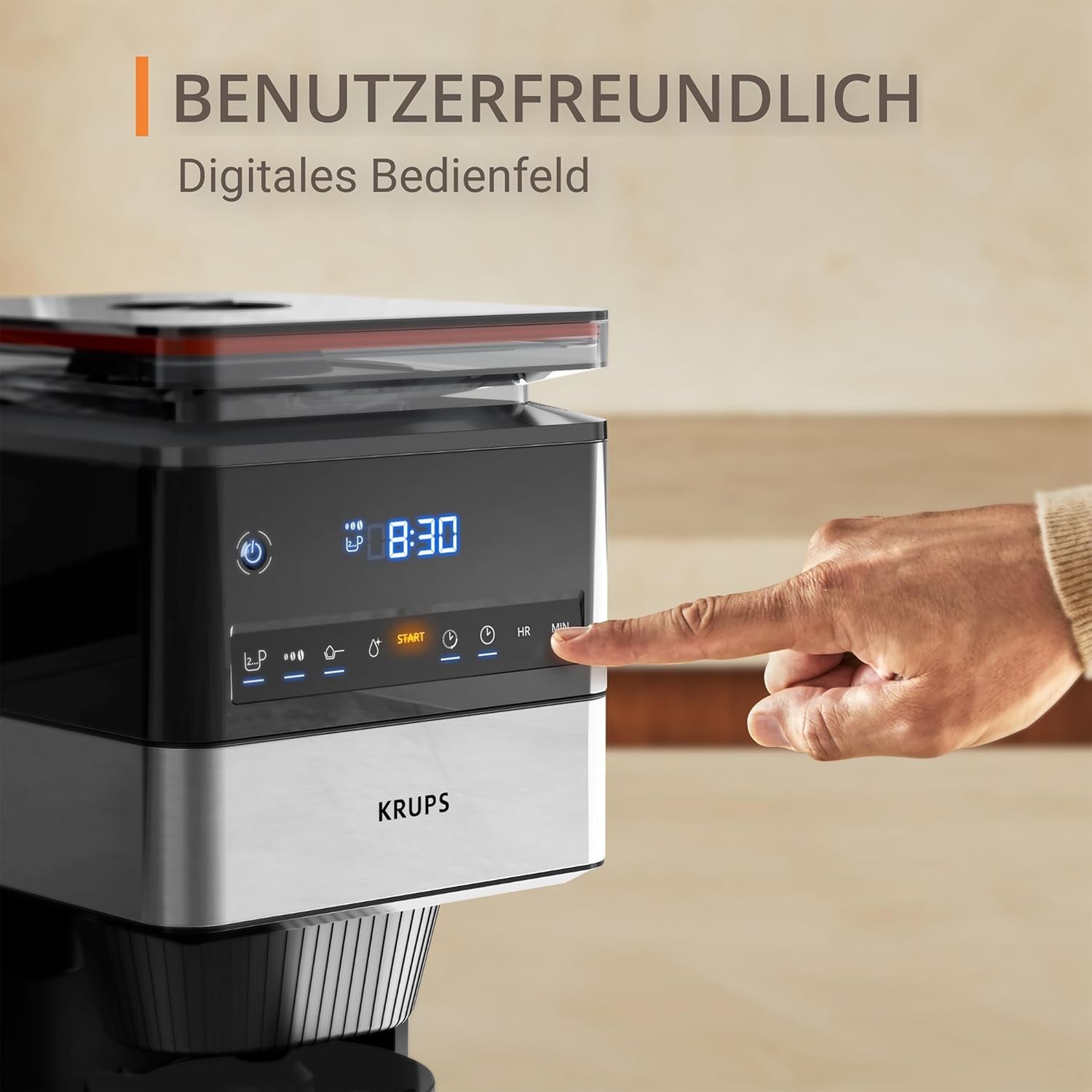 Espresso kávovar KRUPS Grind Aroma XL, odnímatelný kónický mlýnek, digitální ovládací panel, kapacita XL (1,5 l), funkce udržování teploty, skleněná karafa, černá/nerezová ocel, KM842810