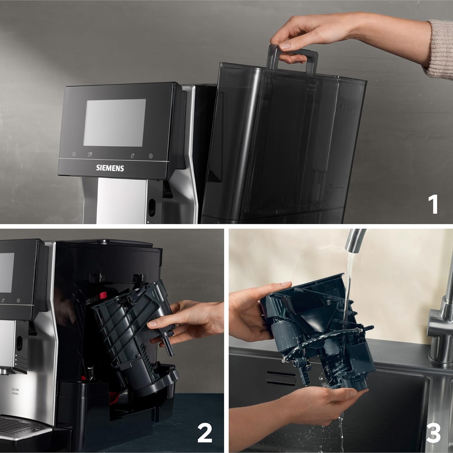 Automatický espresso kávovar Siemens EQ700 classic TP715D01, ovládání aplikací, cold brew, intuitivní dotykový displej, až 10 jednotlivých kreací kávy jako oblíbené, automatické čištění párou, 1500 W, stříbrná šedá