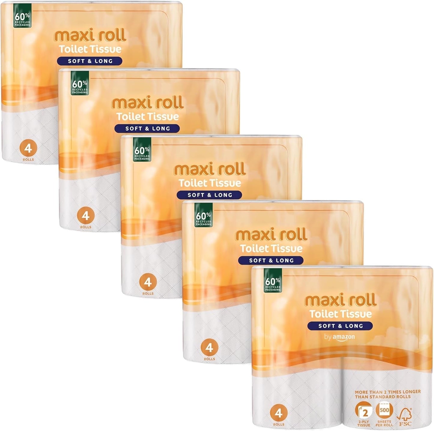 Toaletní papír Amazon (Maxi role), 2 vrstvy, prošívaný, měkký a jemný, 20 rolí (5 balení po 4), 500 slz na roli, certifikováno Fsc