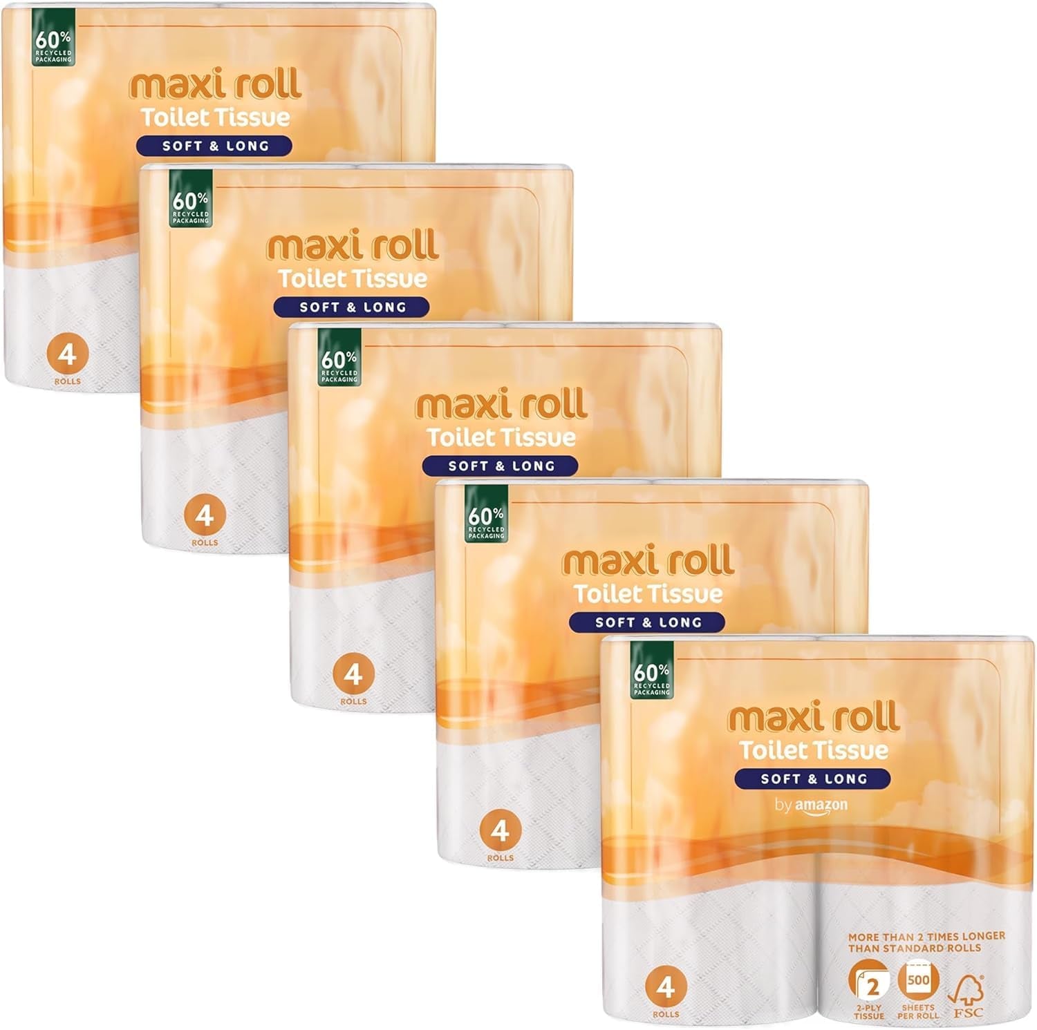 Toaletní papír Amazon (Maxi role), 2 vrstvy, prošívaný, měkký a jemný, 20 rolí (5 balení po 4), 500 slz na roli, certifikováno Fsc