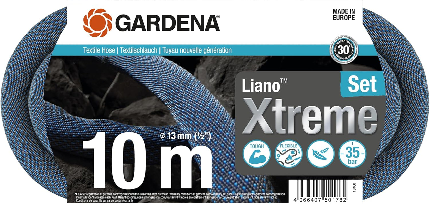 Sada Gardena Liano Xtreme 1/2 palce 10m: Extrémně robustní textilní zahradní hadice pro vnitřní kohoutky s lehkou vnitřní hadicí z PVC odolnou vůči povětrnostním vlivům (18460-20)