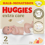 Novorozenecké plenky Huggies, velikost 2, 116 plen (2 x 58), půlměsíční krabice