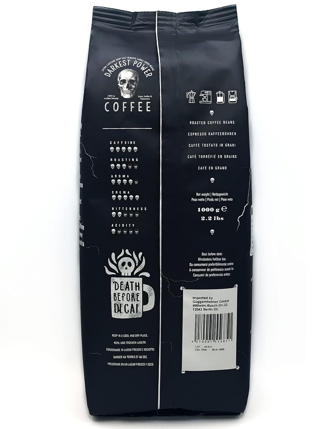 | Kaffeebohnen extra silný | Espresso 100% Robusta | viel Kaffein wenig Säure | 1000g ganze Kaffee Bohnen | geigeint für Plně automatické | se Zufriedenheitsgarantie