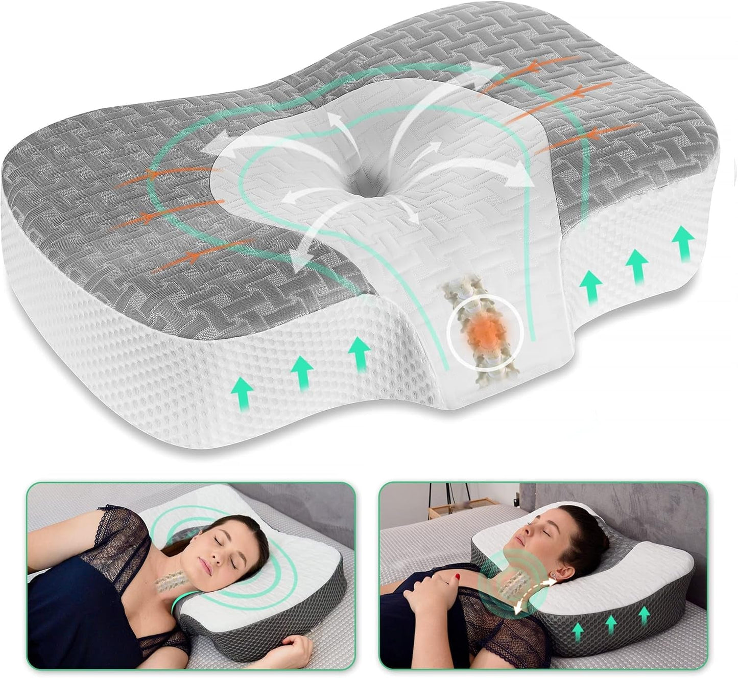 Elviros Memory Foam Ortopedický polštář Polštář proti bolesti šíje Polštář na spaní Ergonomický Polštář na krk Polštář na podporu krku Polštář proti chrápání pro postranní spáče Žaludeční pražce Bílé Ortopedické polštáře na krk Naty Shop Šedá 60 X 38,6 X 9,9/13,5 Cm