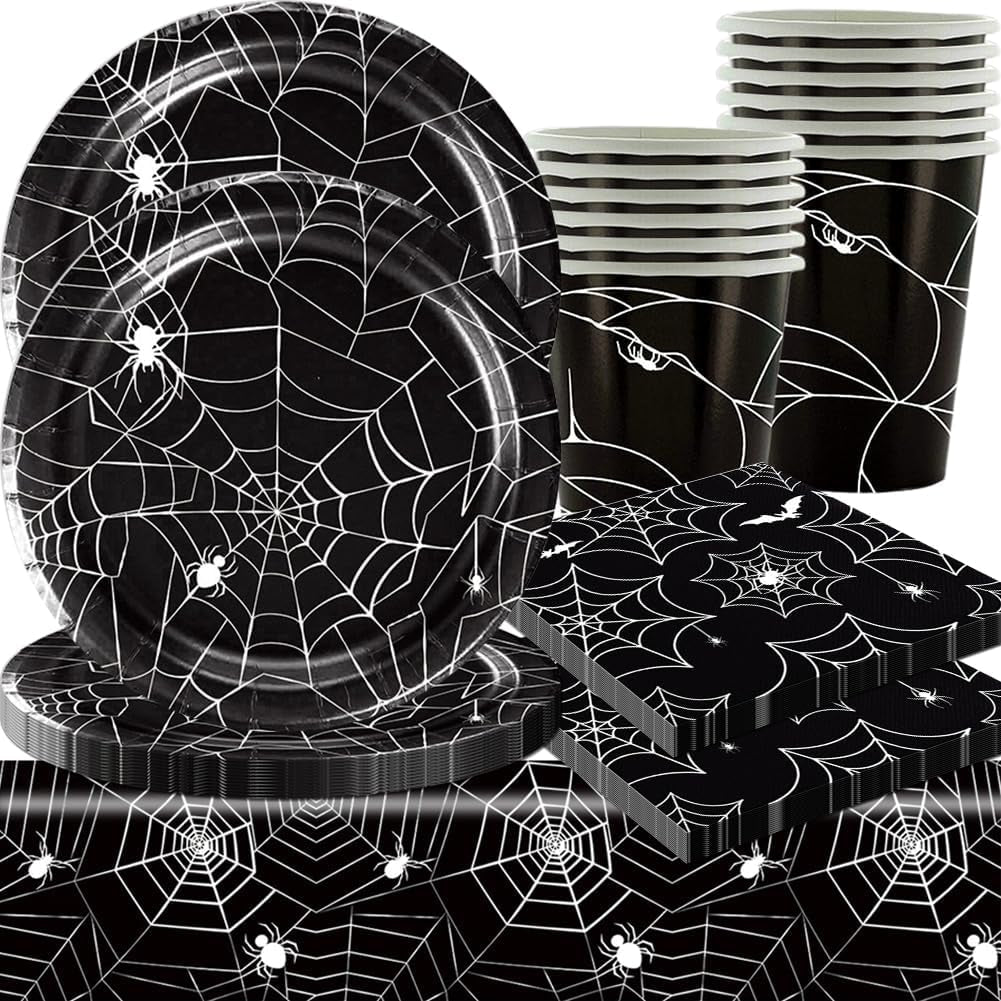49dílná sada papírových příborů Halloween Spider včetně talířů, ubrousků, sklenic a ubrusu. Černá sada nádobí s dezertními talířky, ubrousky a skleničkami.
