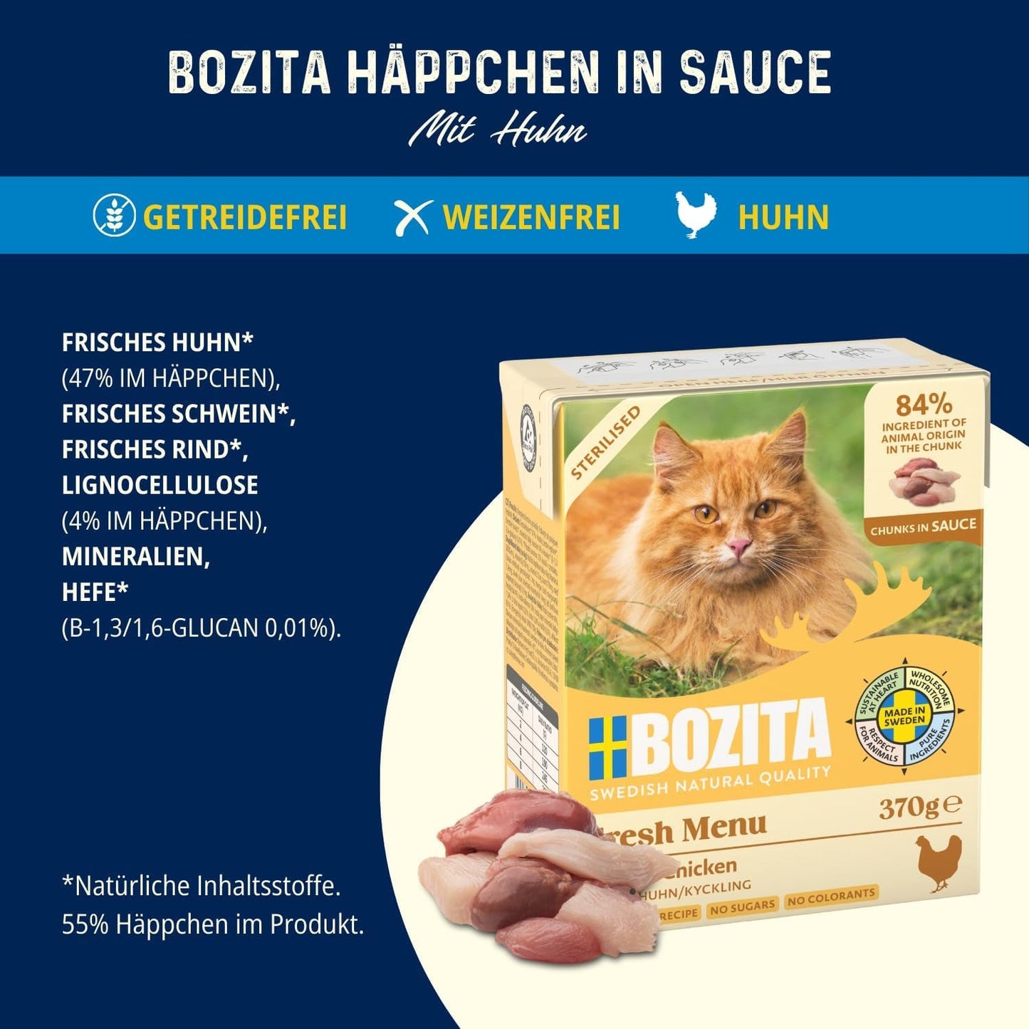 Sterilizované kousky Bozita Tetra v omáčce se spoustou kuřecího masa – 6 x 370 g vlhké krmivo pro kočky bez zrna a cukru – bez GMO, s 8,5 % bílkovin a 4,5 % tuku – vysoce kvalitní a mimořádně chutné