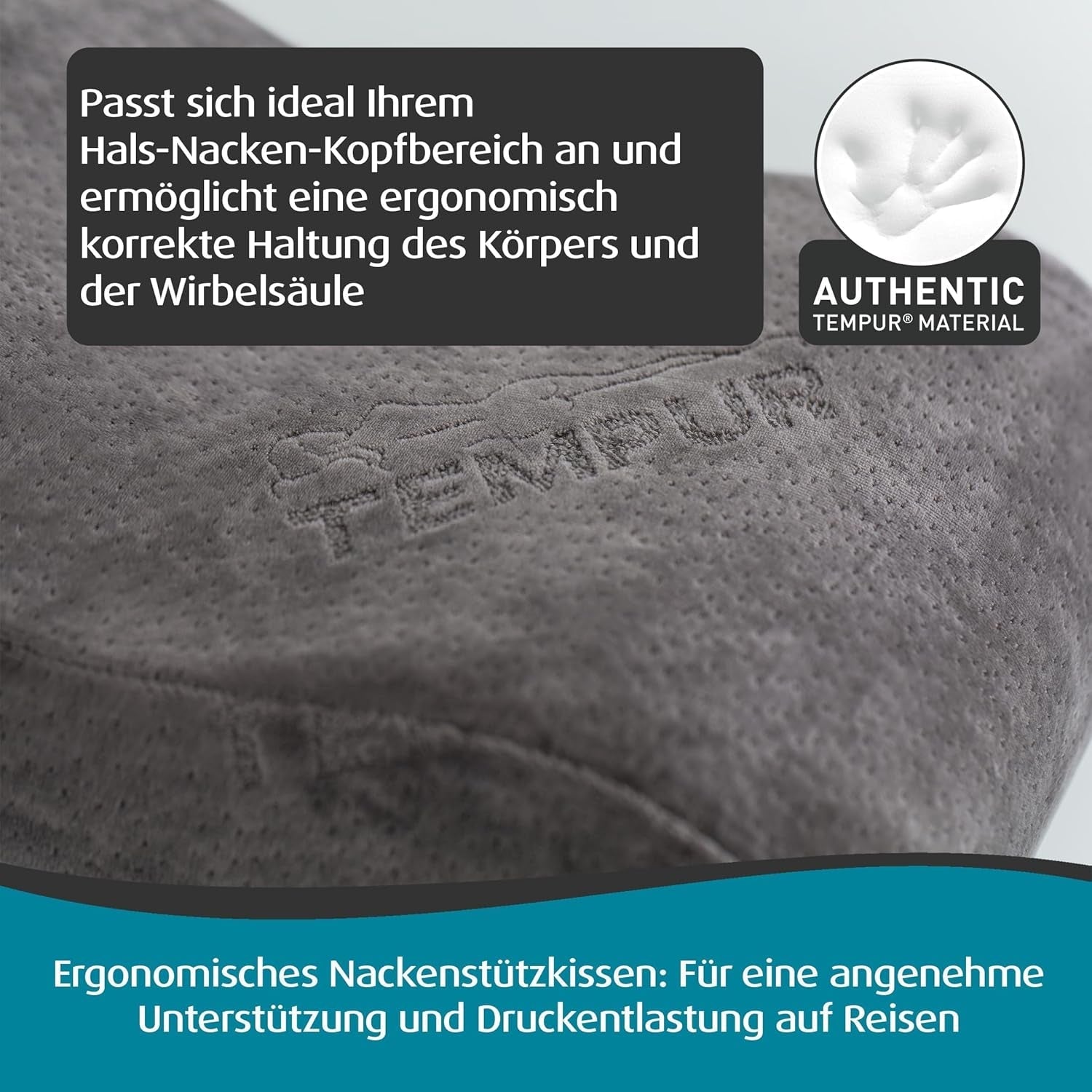TEMPUR cestovní polštář z paměťové pěny, ergonomický polštář na krk, včetně přenosné tašky, antracit, rozměry 25 x 31 x 10/7 cm