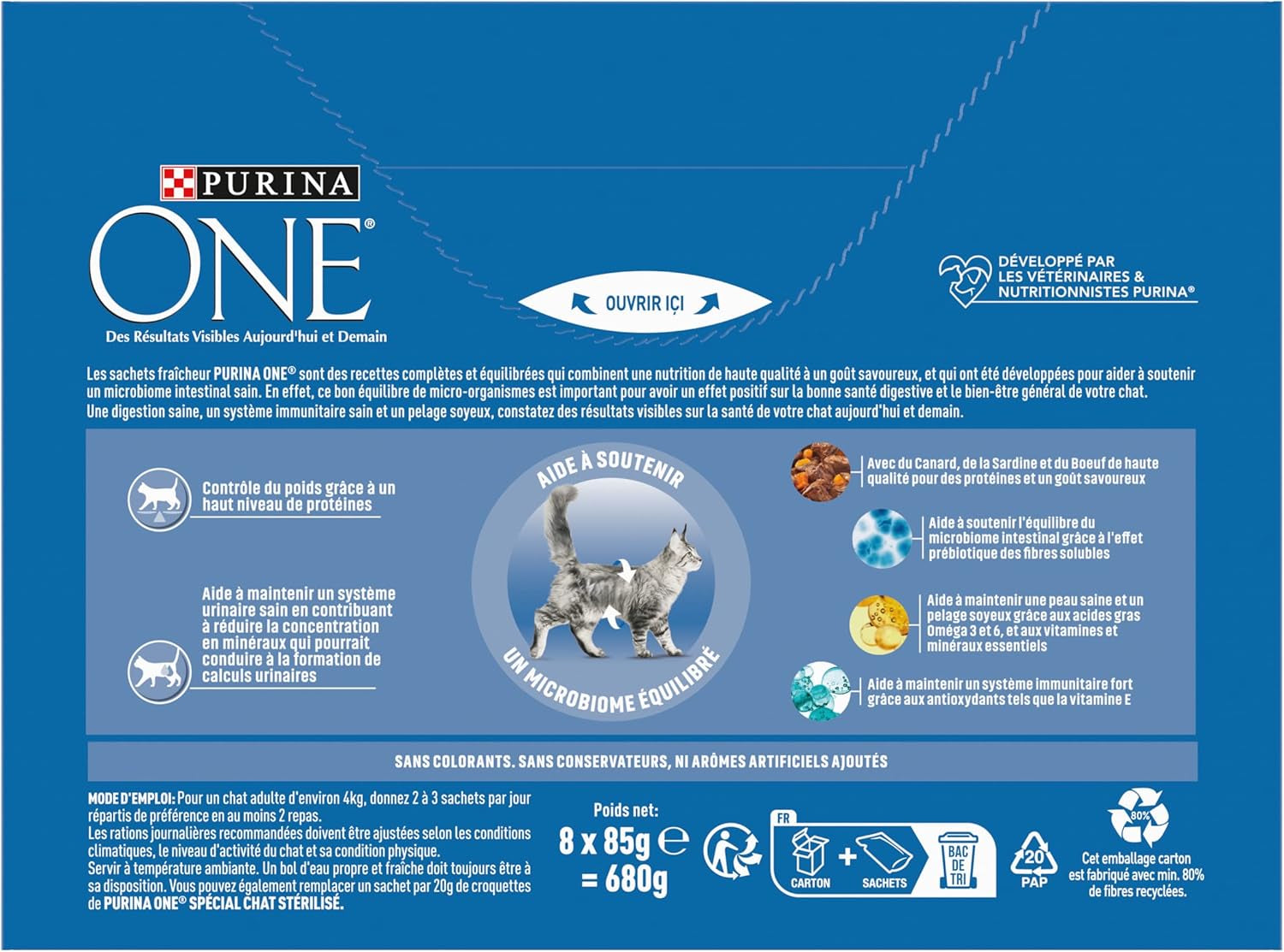 PURINA ONE | BIFENSIS | Krmivo pro sterilizované dospělé kočky | Podporuje kočičí vitalitu, kosti, svaly a klouby | V omáčce | Kapsičky s kachnou, sardinky, hovězí maso, čerstvost | 1 kus (8 x 85 g)
