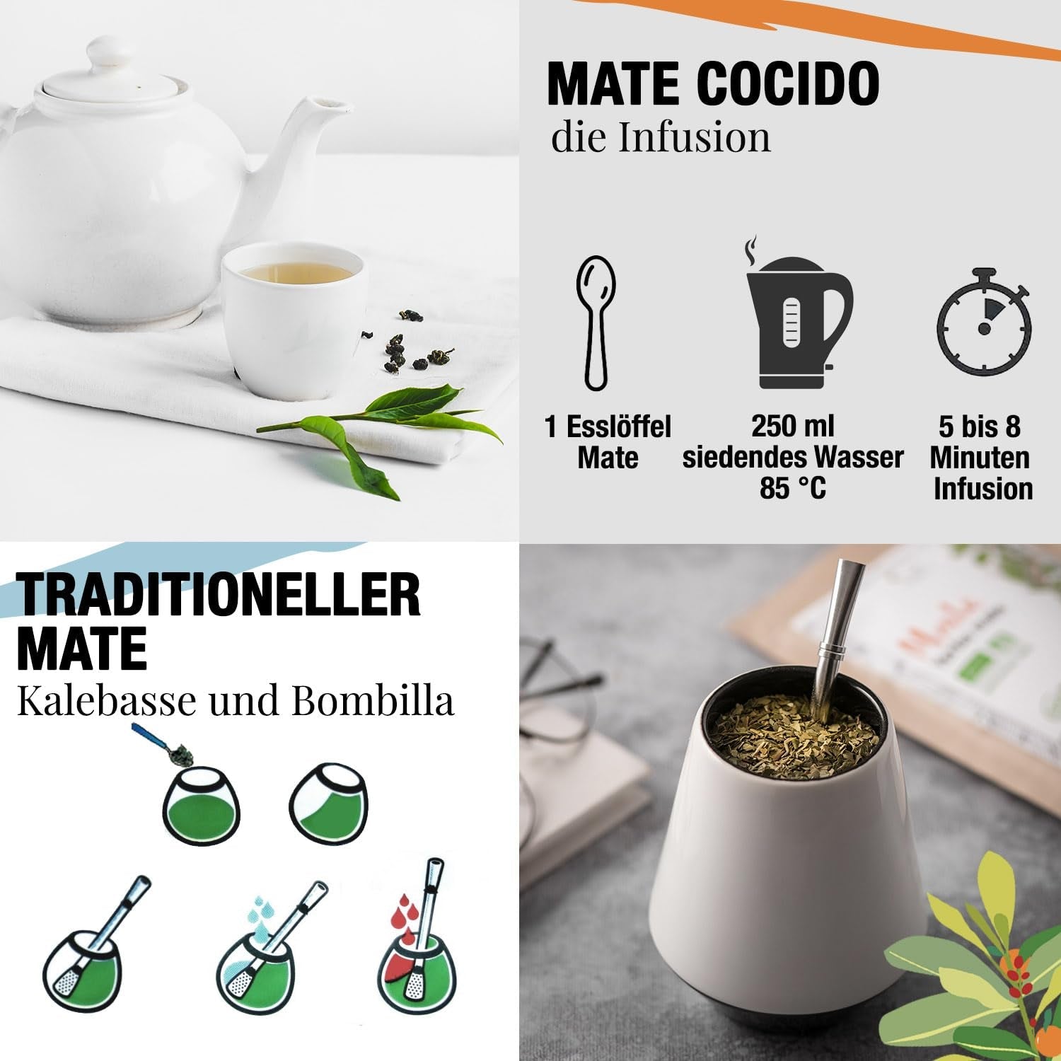 ORIGEENS BIO YERBA MATE s pomeranči 200 G - Ovocný čaj I Bio čaj Yerba Maté nepražený, bez stonků a prachu I Energizující a detoxikační nápoj