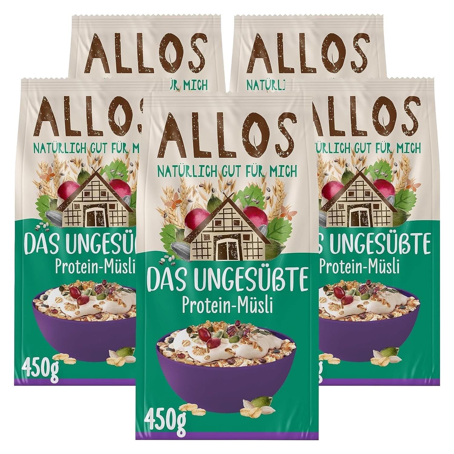 Allos, neslazené bobulovité müsli, balení 5 x 500 gramů Cereálie Naty Shop Proteinové müsli