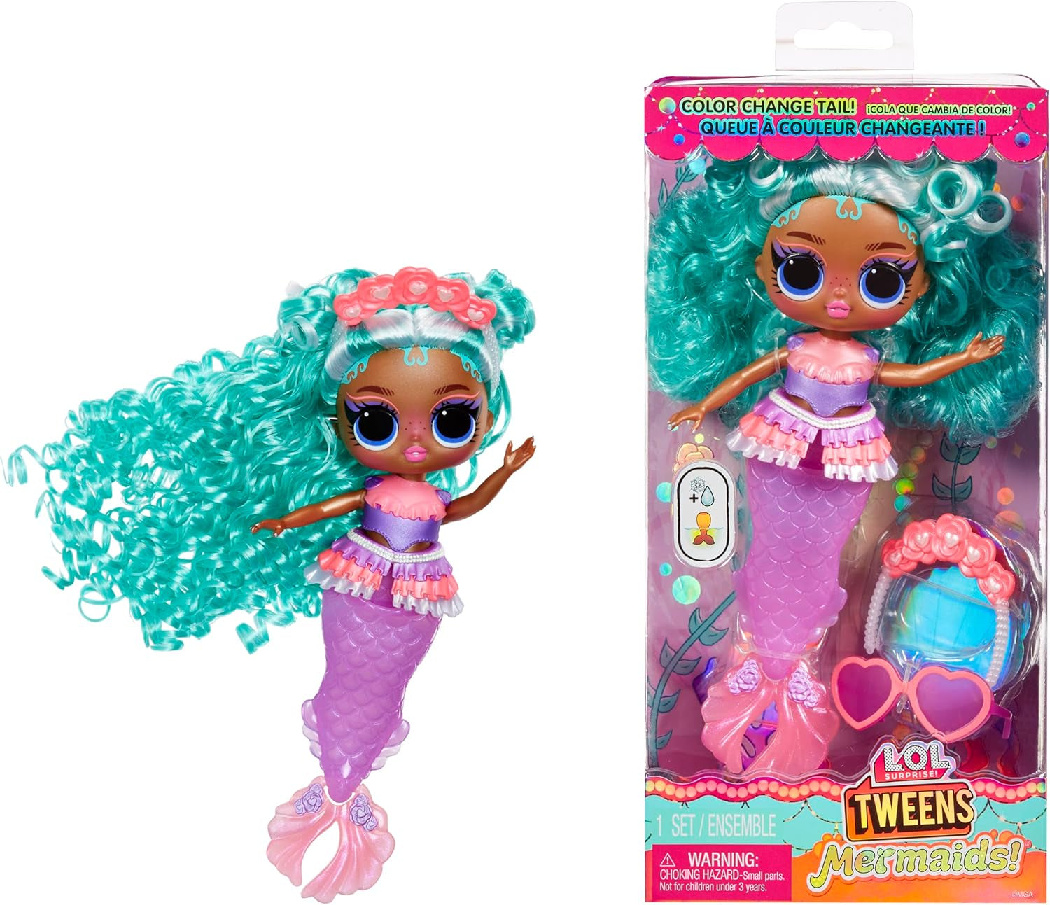 L.O.L. Překvapení! Tweens - Mermaid Lola Waves - módní panenka s ocasem měnícím barvu, pohyblivou ploutví a krásnými doplňky - hračka pro děti a sběratele od 4 let Naty Shop Serena Finn Dolls